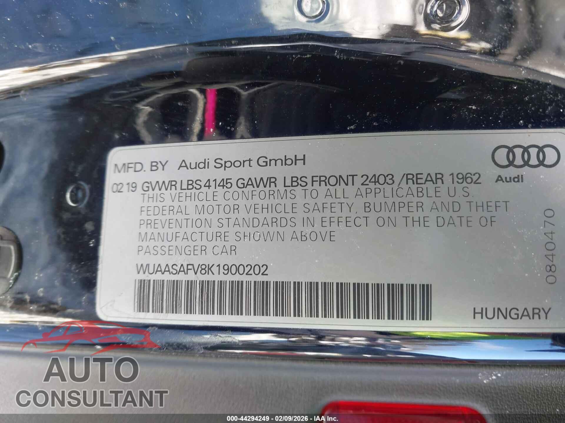 AUDI TT RS 2019 - WUAASAFV8K1900202