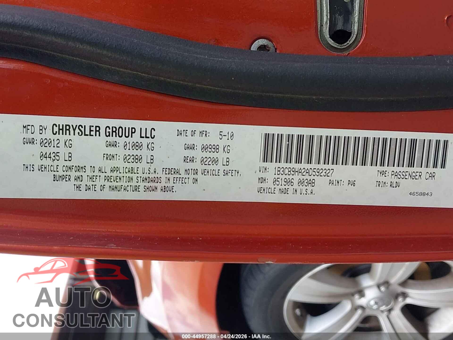 DODGE CALIBER 2010 - 1B3CB9HA2AD592327