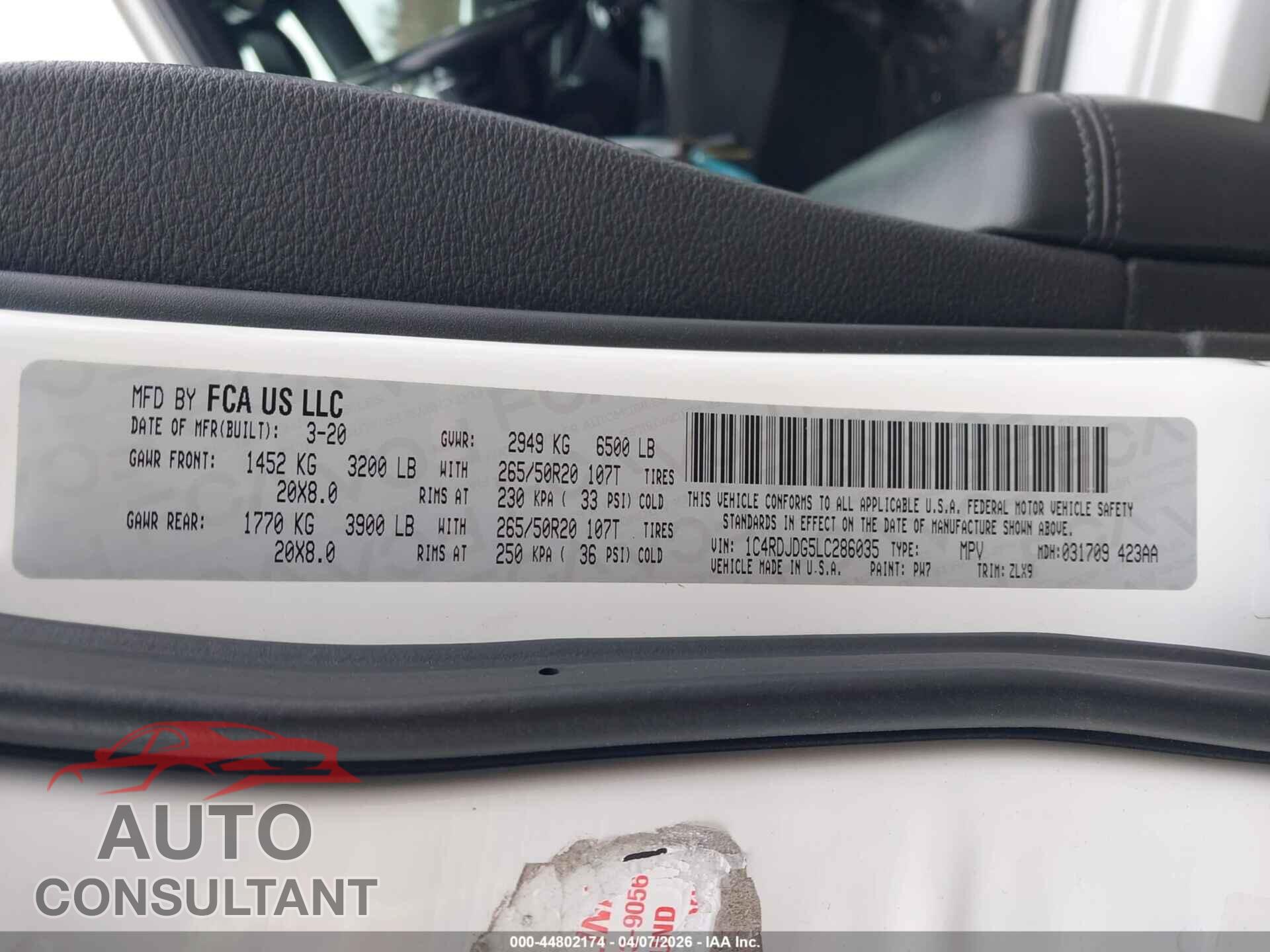 DODGE DURANGO 2020 - 1C4RDJDG5LC286035