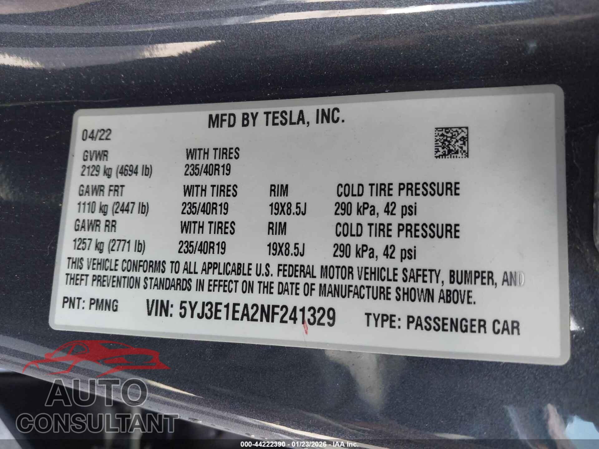 TESLA MODEL 3 2022 - 5YJ3E1EA2NF241329