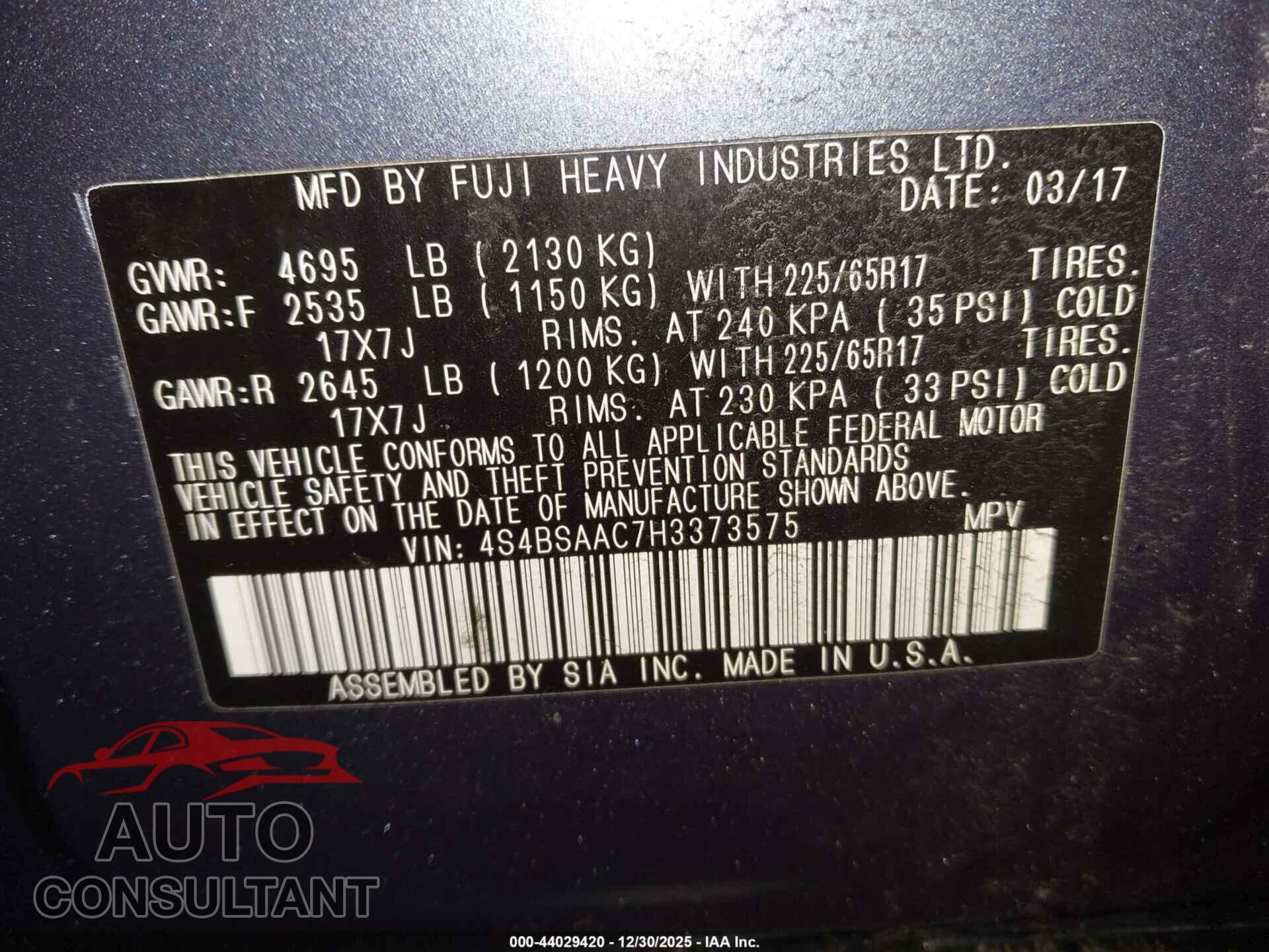 SUBARU OUTBACK 2017 - 4S4BSAAC7H3373575