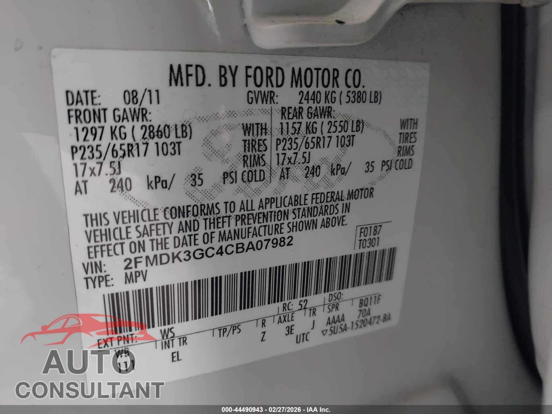FORD EDGE 2012 - 2FMDK3GC4CBA07982
