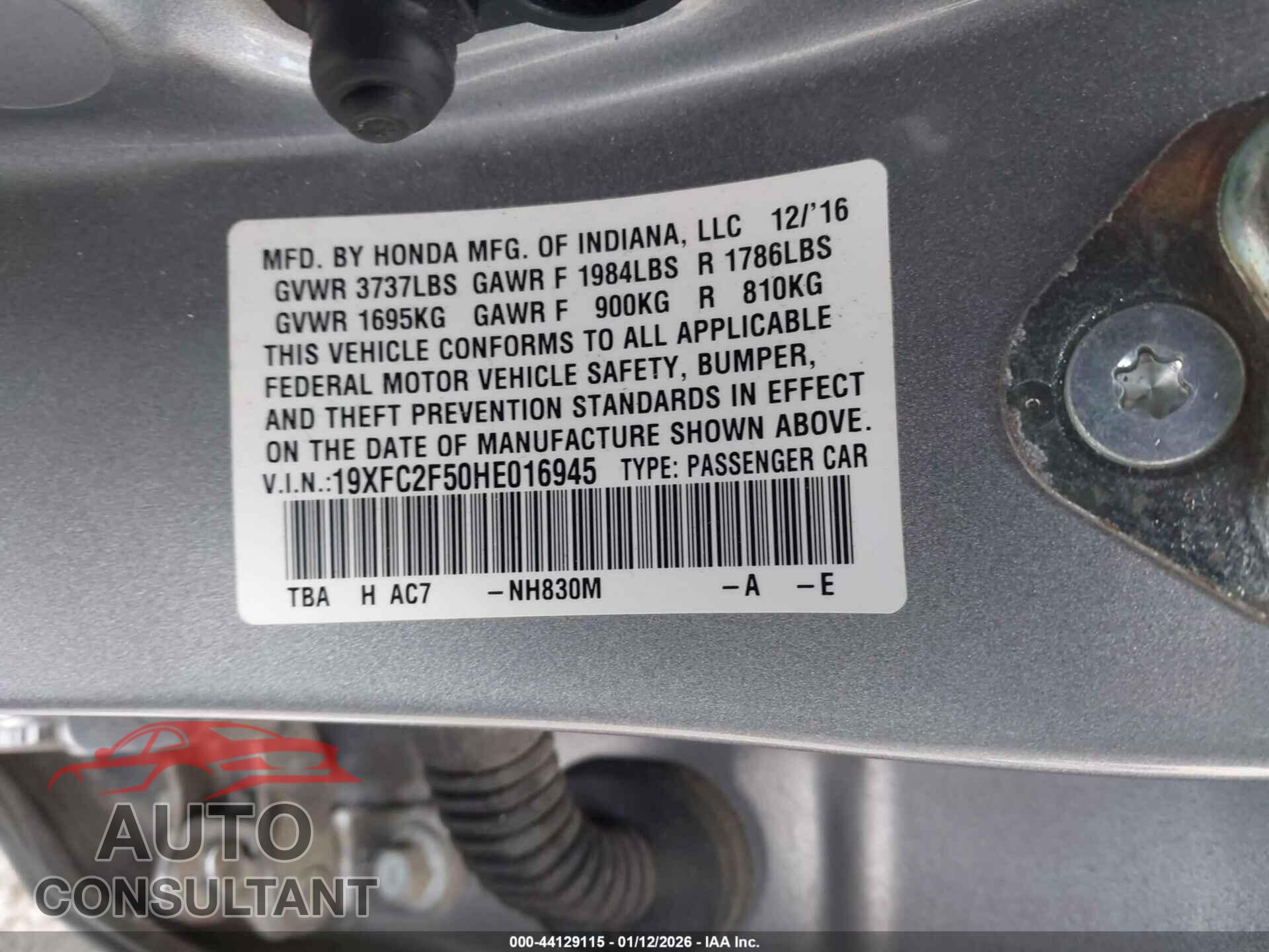 HONDA CIVIC 2017 - 19XFC2F50HE016945