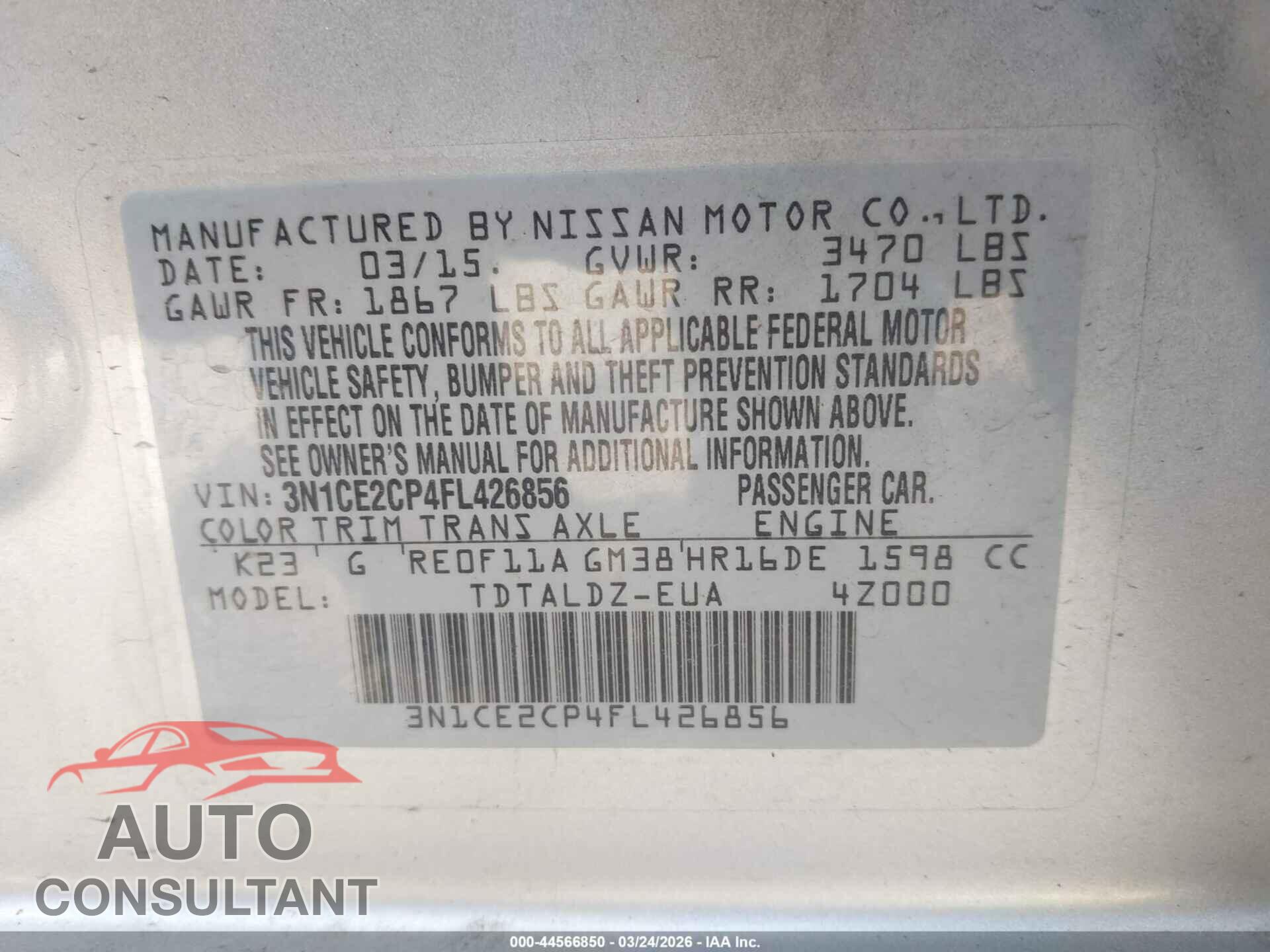 NISSAN VERSA NOTE 2015 - 3N1CE2CP4FL426856