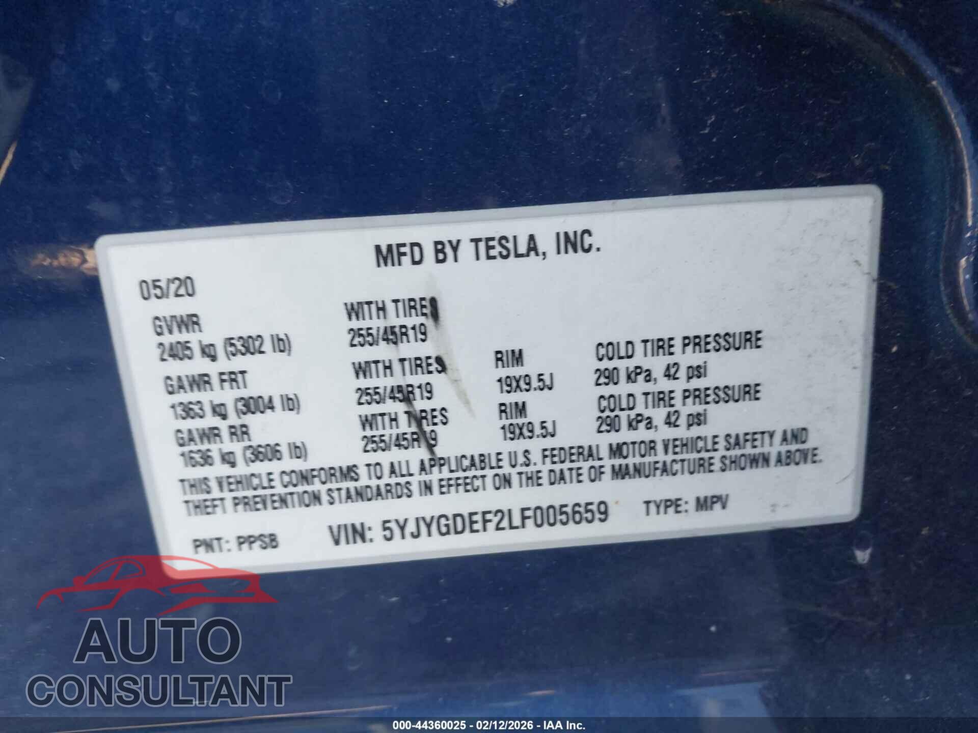 TESLA MODEL Y 2020 - 5YJYGDEF2LF005659