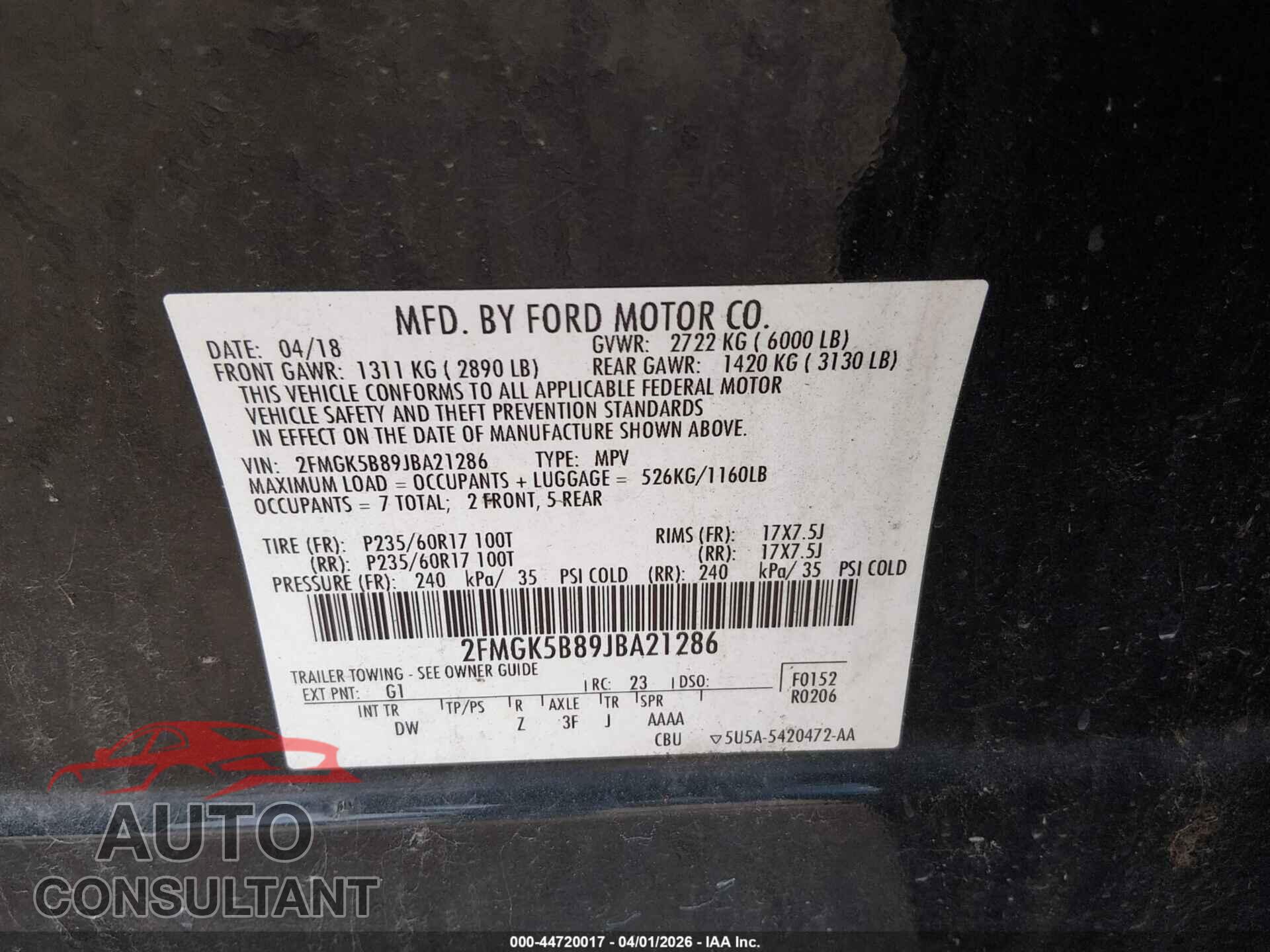 FORD FLEX 2018 - 2FMGK5B89JBA21286