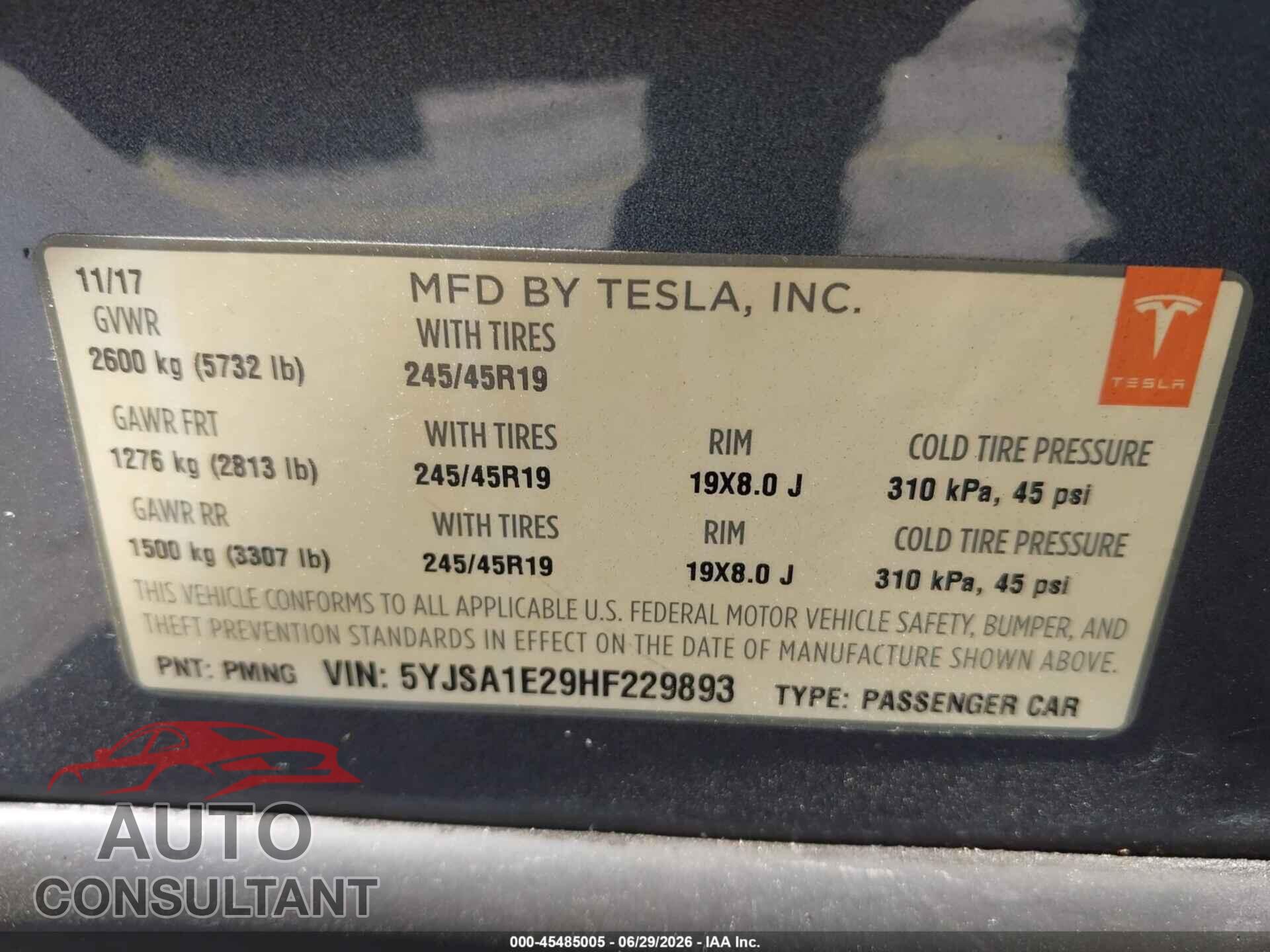 TESLA MODEL S 2017 - 5YJSA1E29HF229893