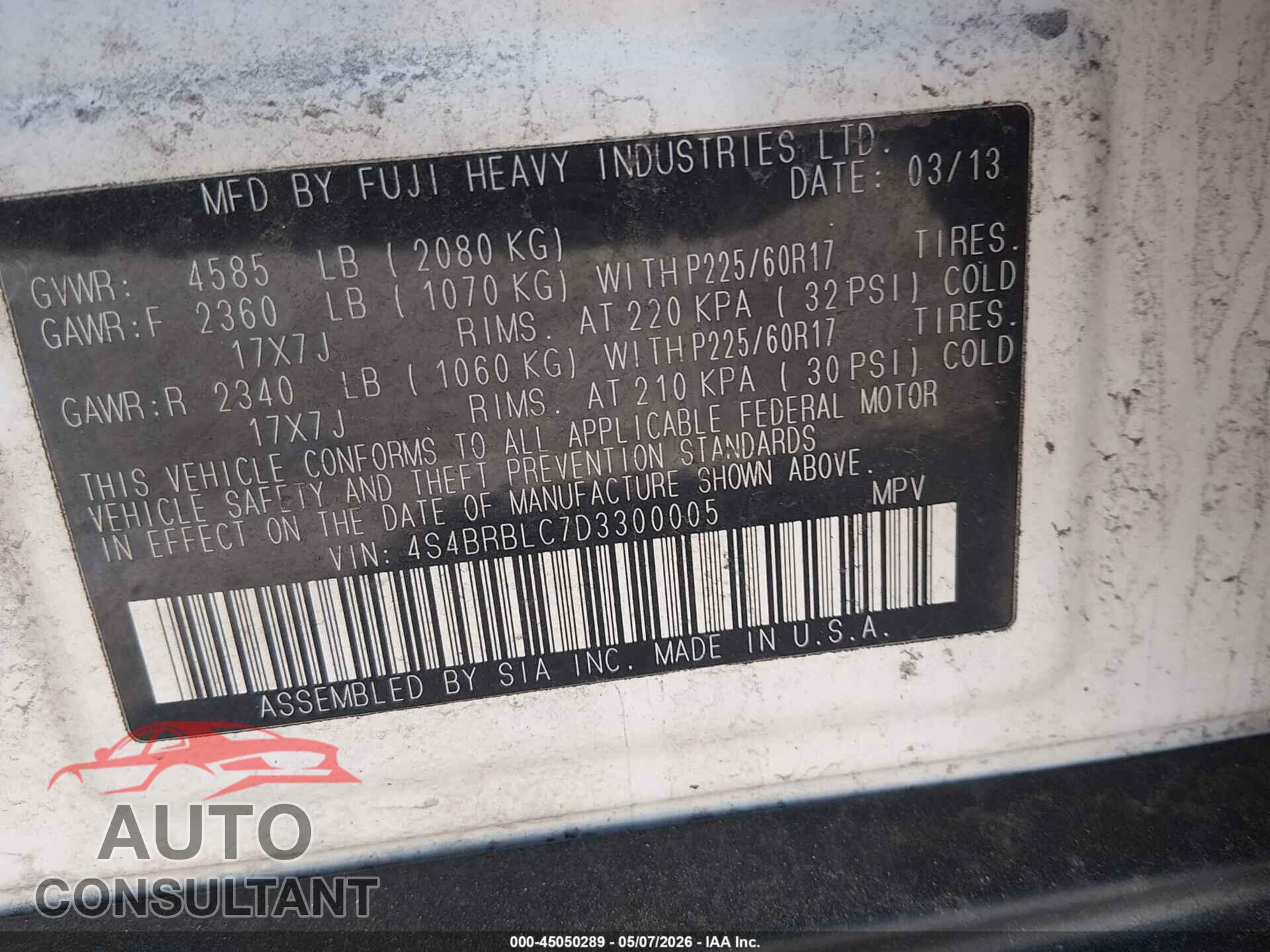 SUBARU OUTBACK 2013 - 4S4BRBLC7D3300005