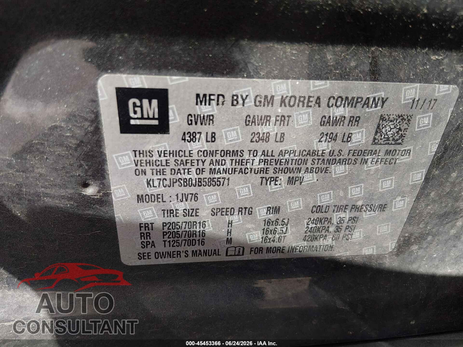 CHEVROLET TRAX 2018 - KL7CJPSB0JB585571