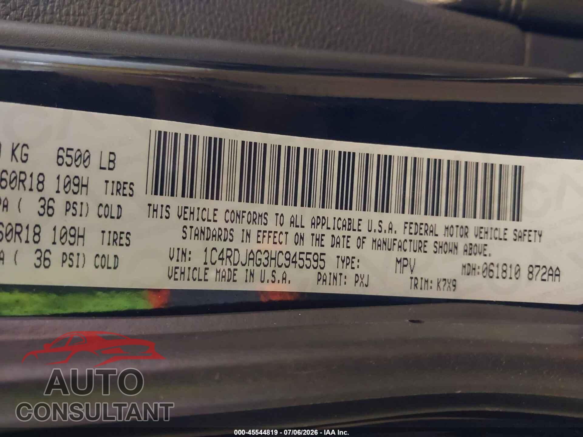 DODGE DURANGO 2017 - 1C4RDJAG3HC945595