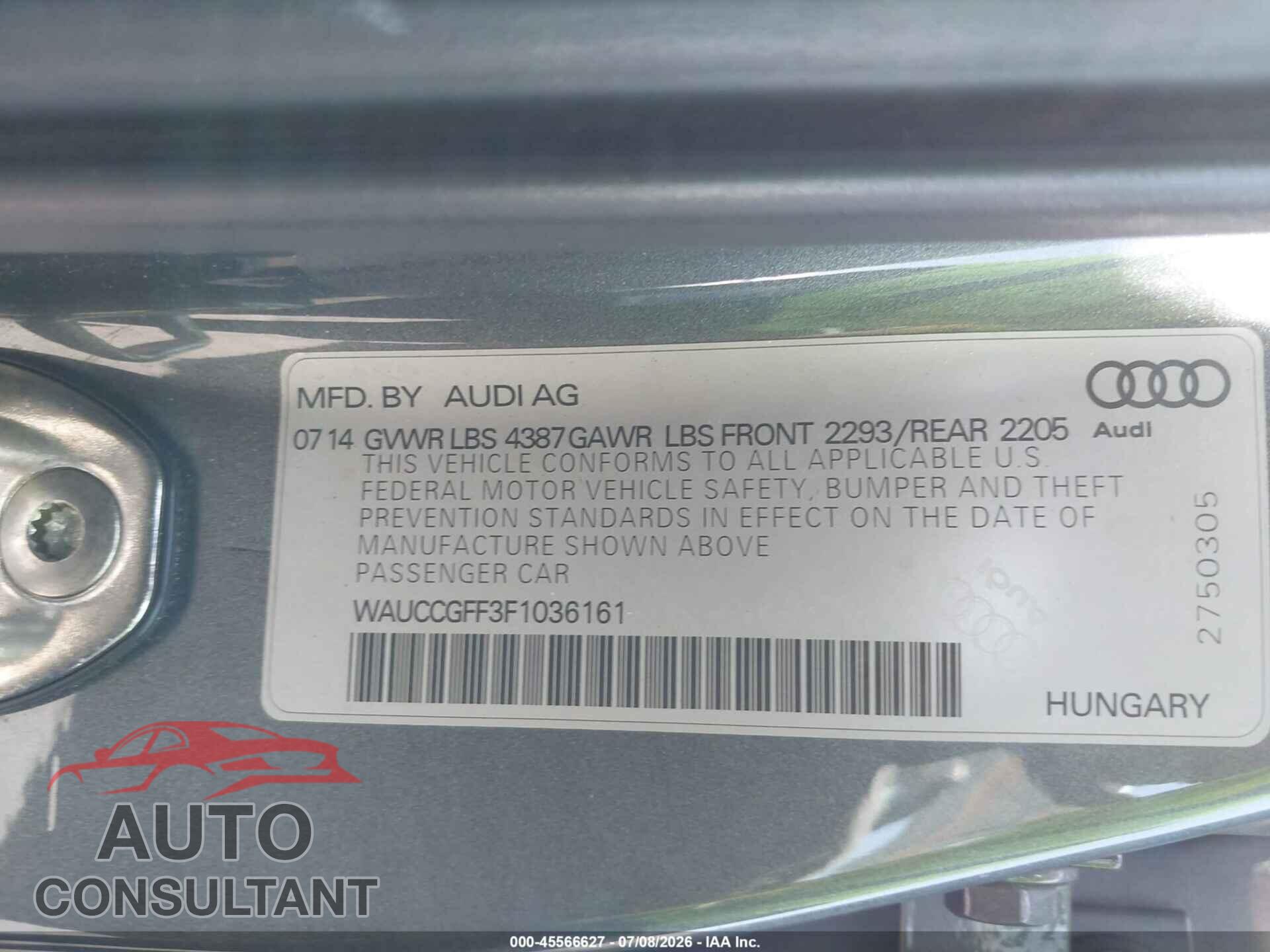 AUDI A3 2015 - WAUCCGFF3F1036161