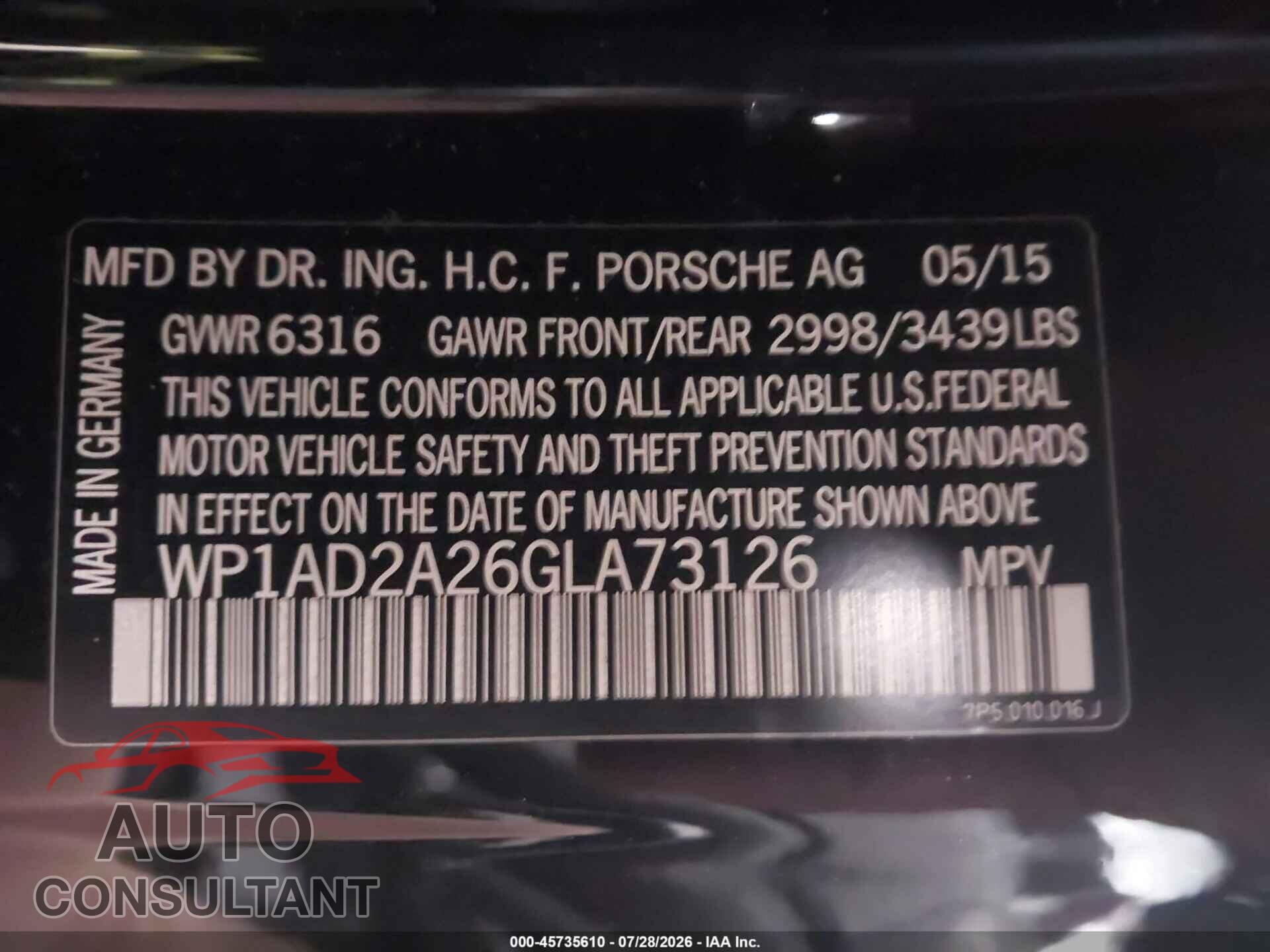 PORSCHE CAYENNE 2016 - WP1AD2A26GLA73126