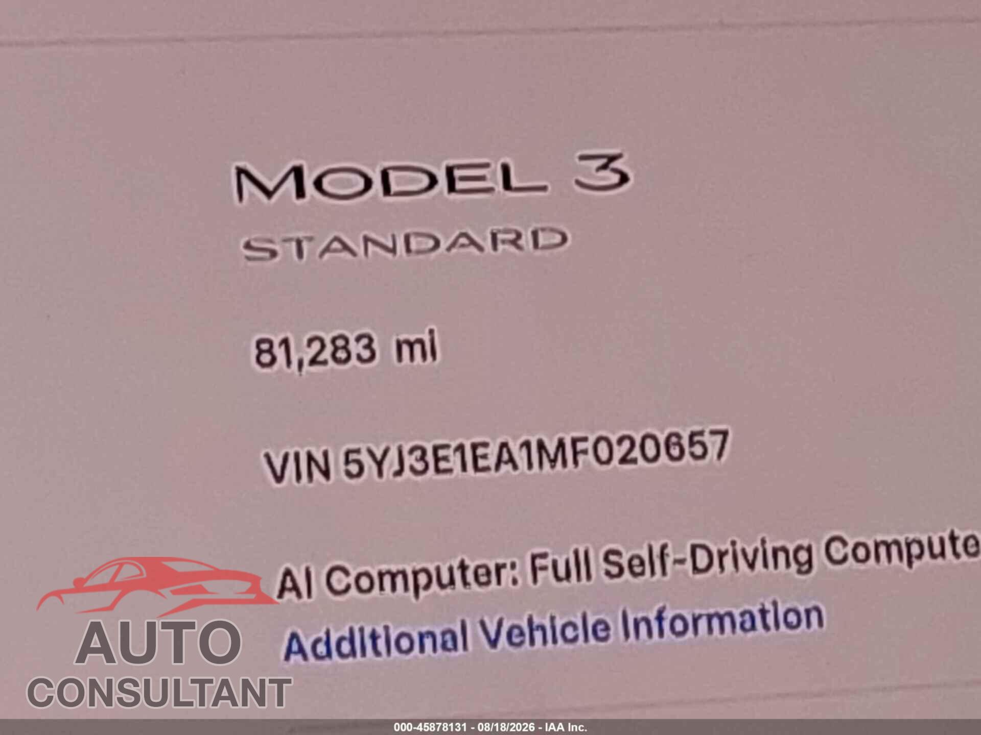TESLA MODEL 3 2021 - 5YJ3E1EA1MF020657