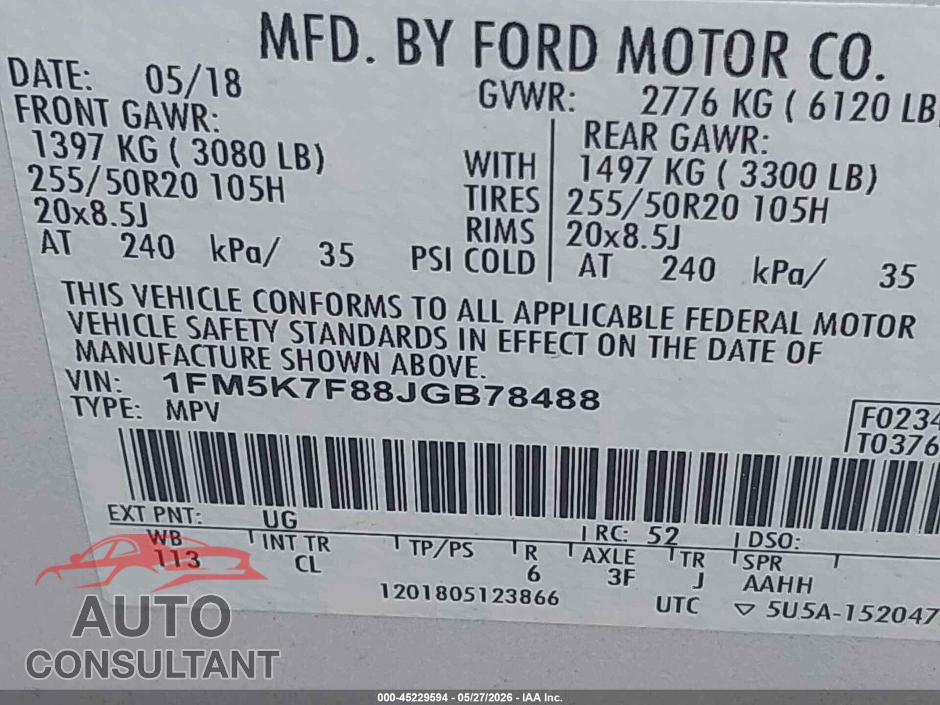 FORD EXPLORER 2018 - 1FM5K7F88JGB78488