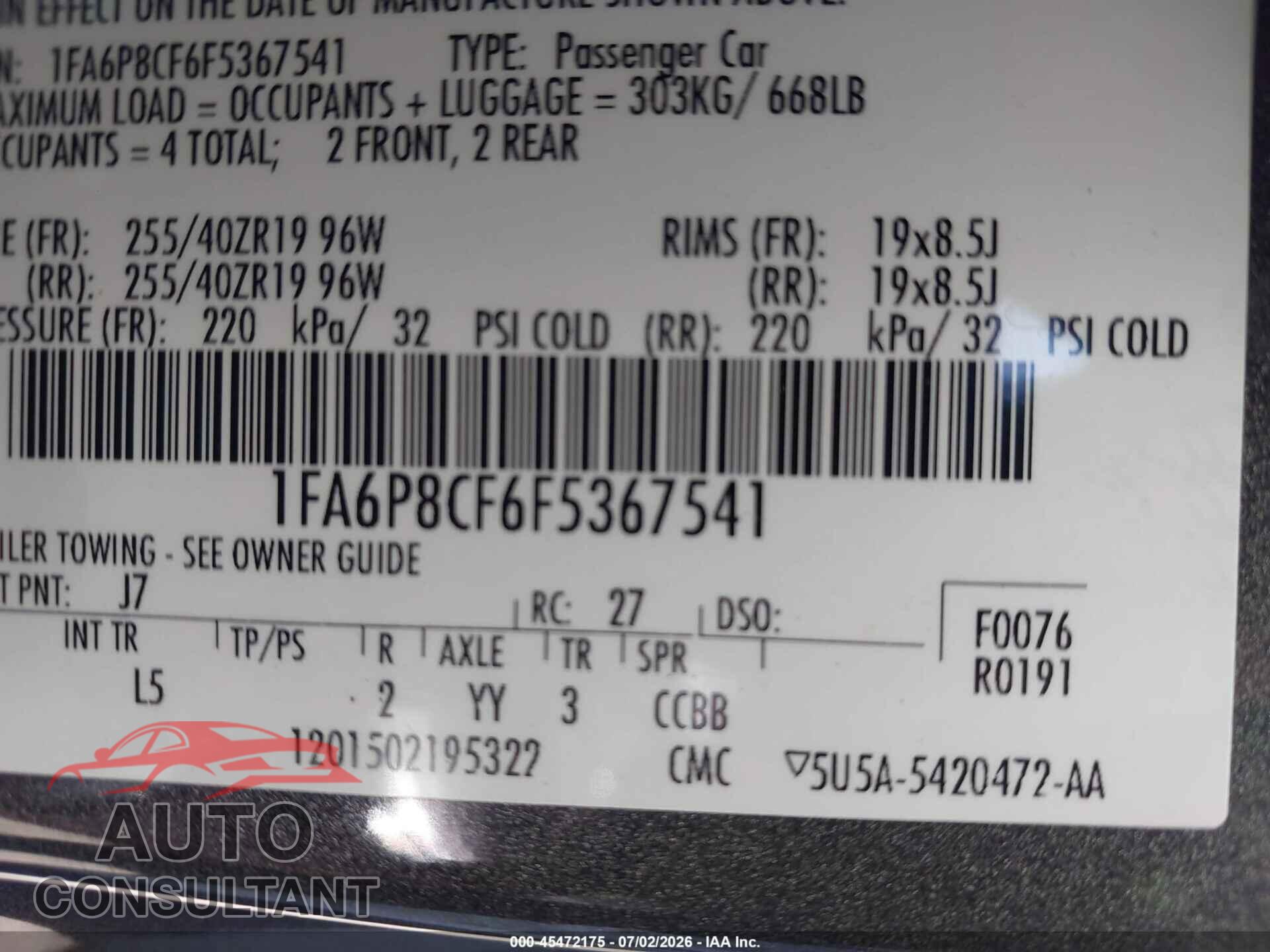 FORD MUSTANG 2015 - 1FA6P8CF6F5367541