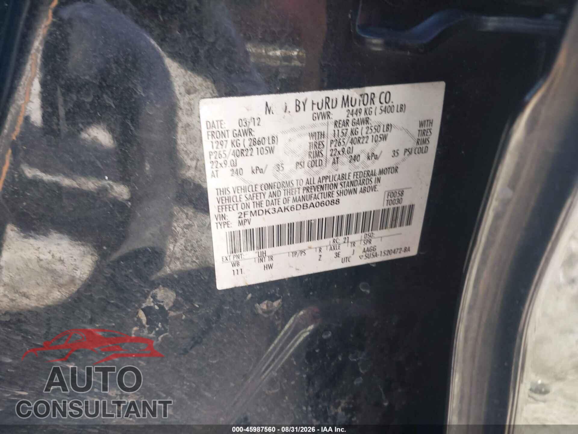 FORD EDGE 2013 - 2FMDK3AK6DBA06088