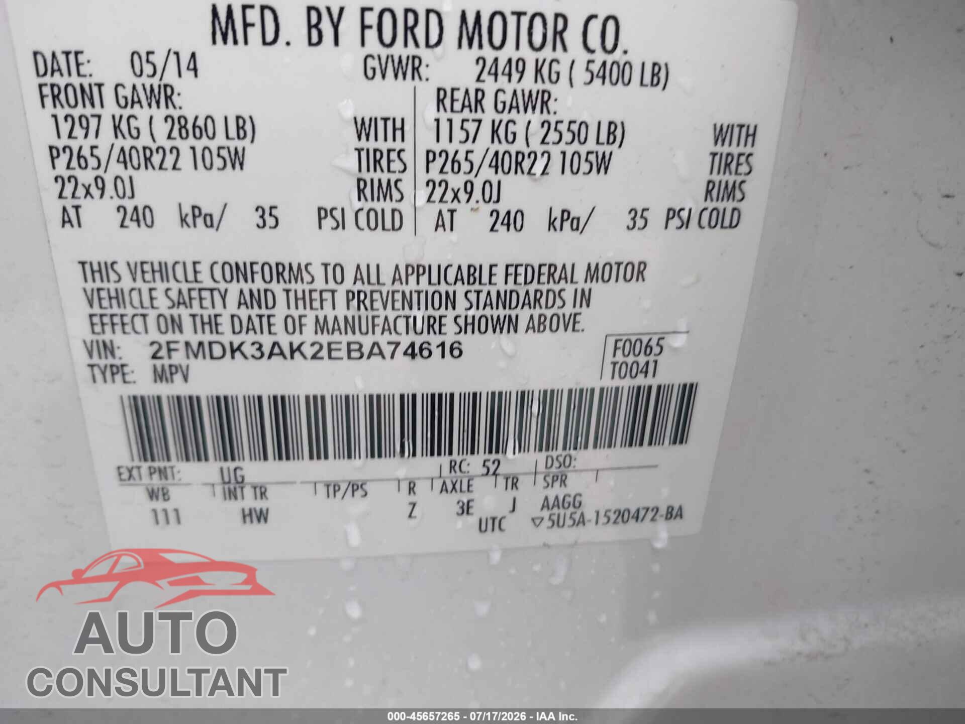 FORD EDGE 2014 - 2FMDK3AK2EBA74616