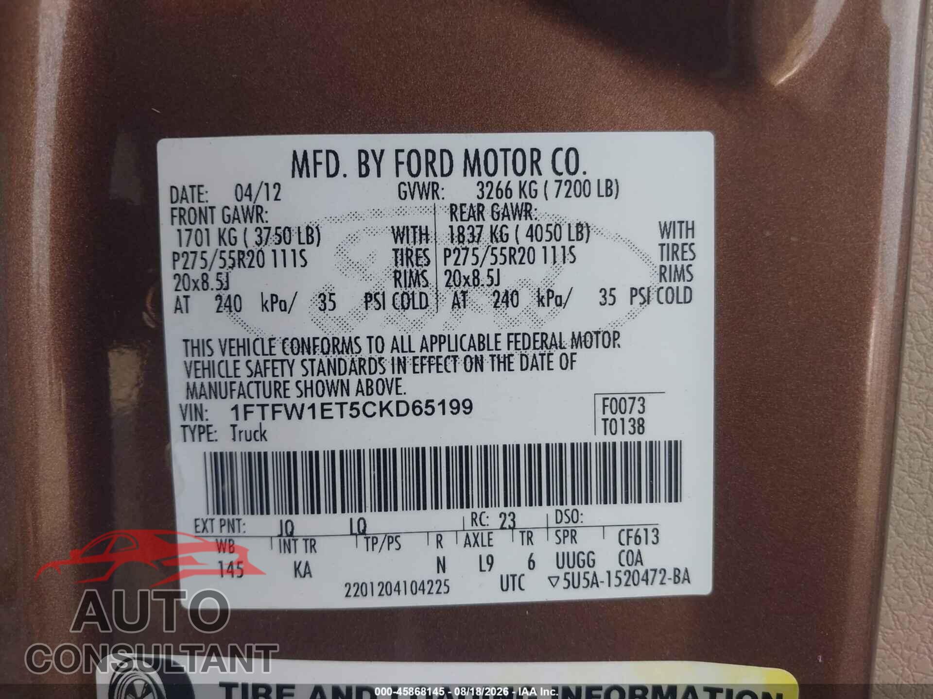 FORD F-150 2012 - 1FTFW1ET5CKD65199