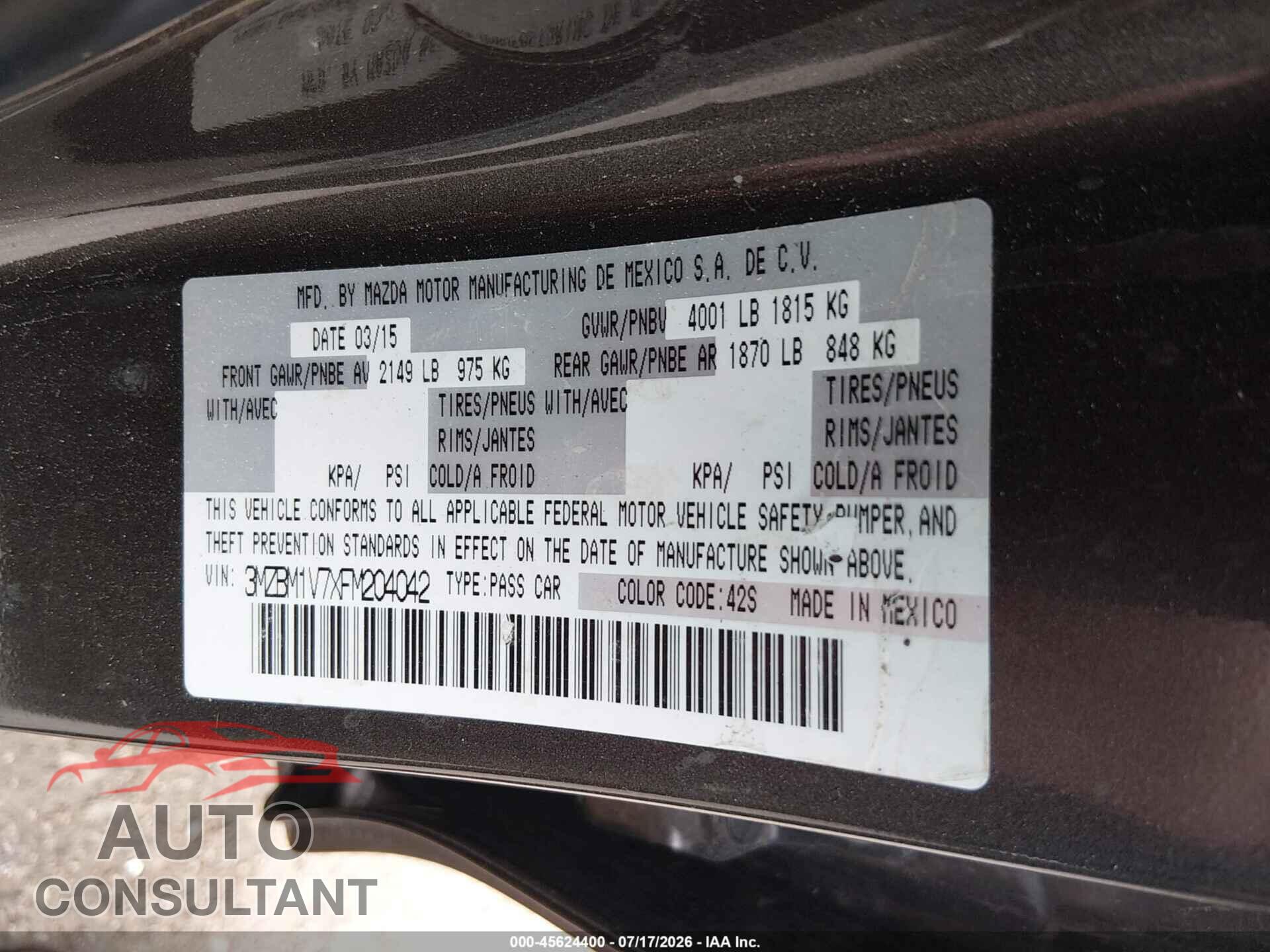 MAZDA MAZDA3 2015 - 3MZBM1V7XFM204042