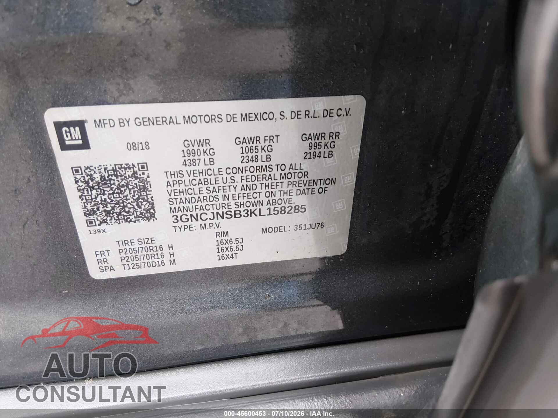 CHEVROLET TRAX 2019 - 3GNCJNSB3KL158285