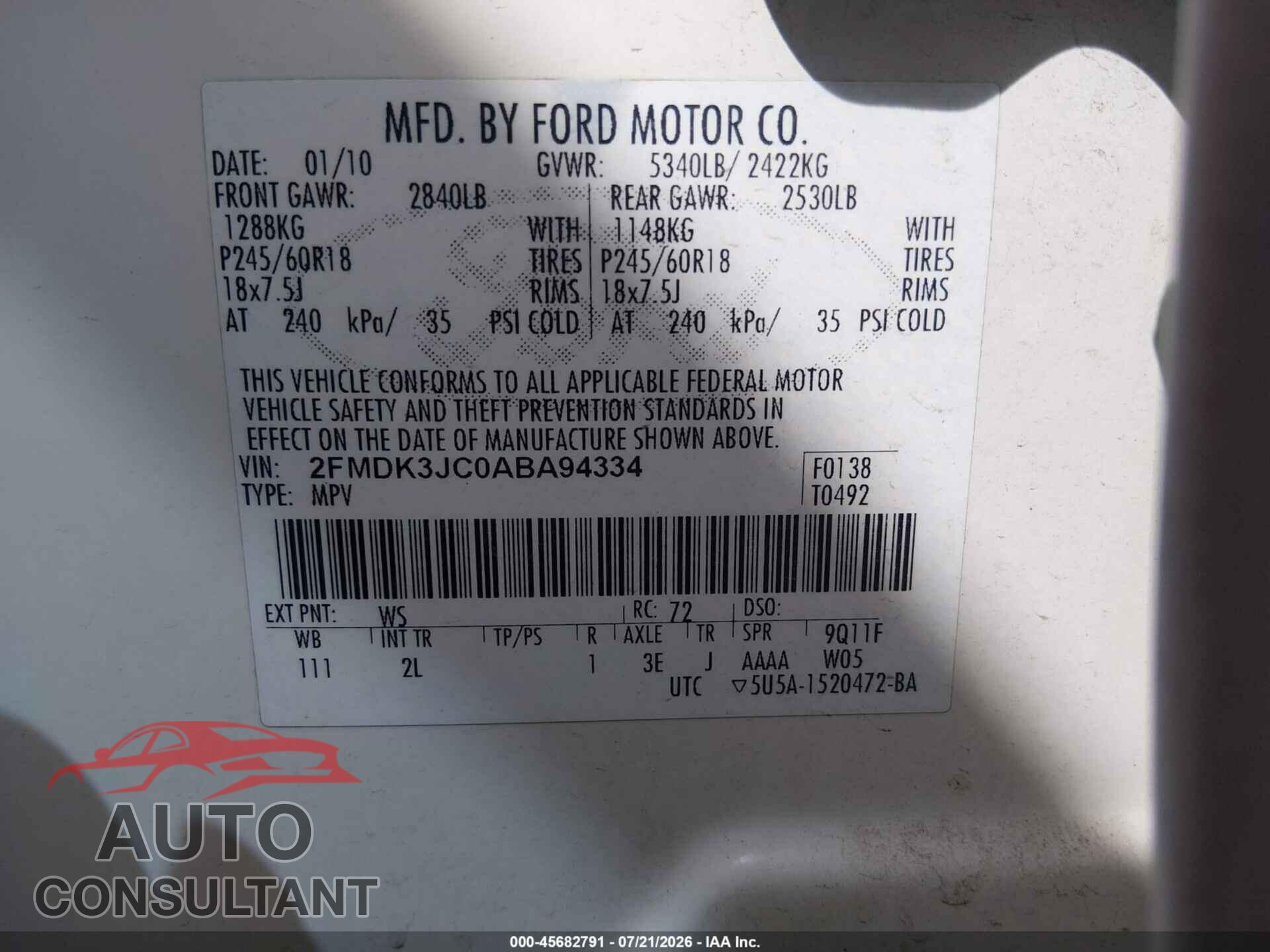 FORD EDGE 2010 - 2FMDK3JC0ABA94334