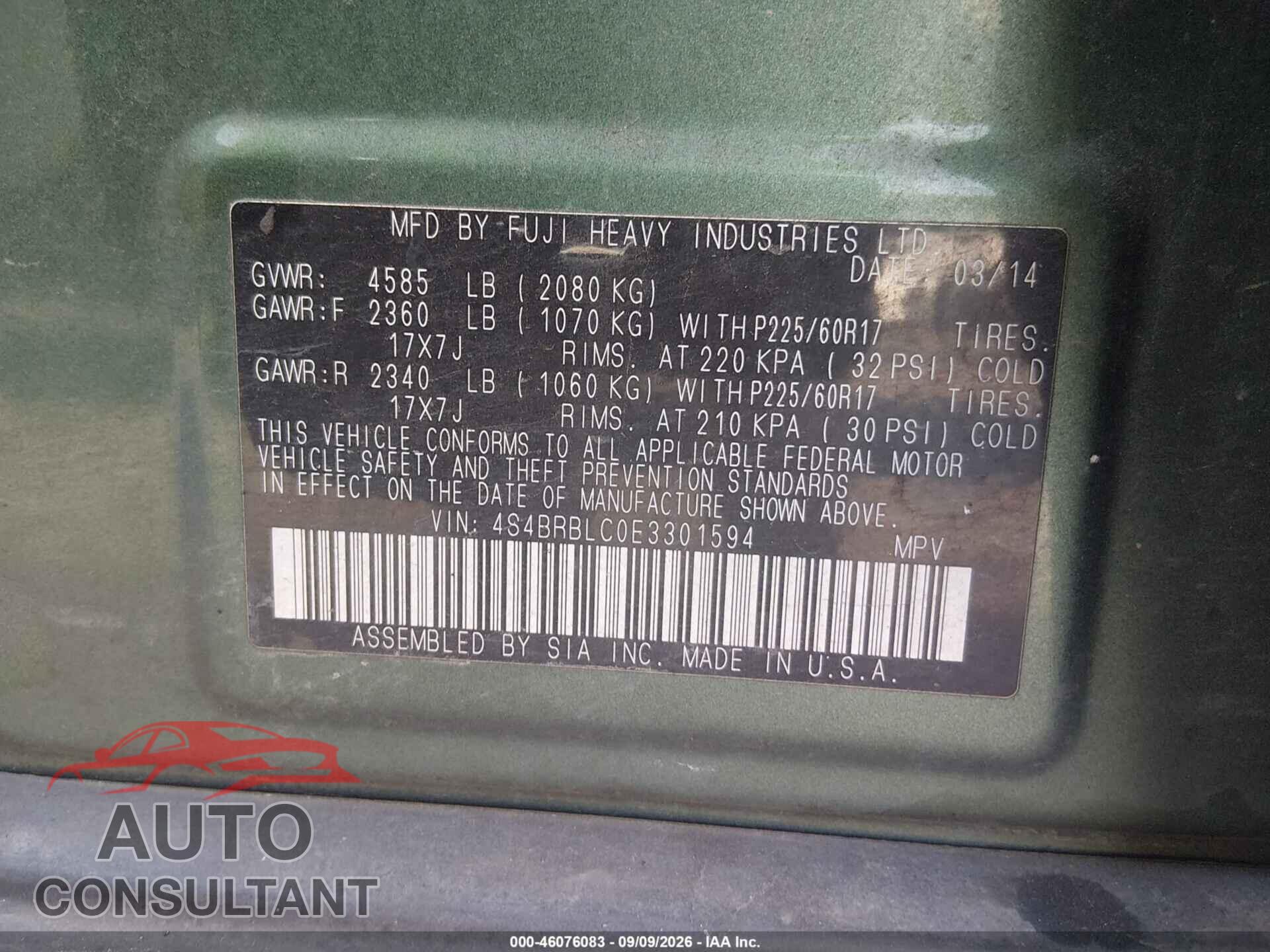 SUBARU OUTBACK 2014 - 4S4BRBLC0E3301594