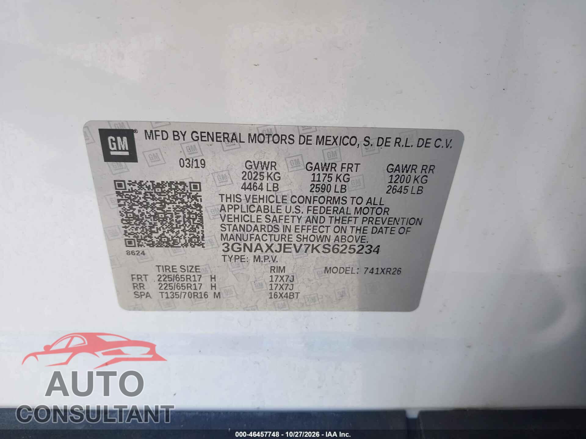 CHEVROLET EQUINOX 2019 - 3GNAXJEV7KS625234