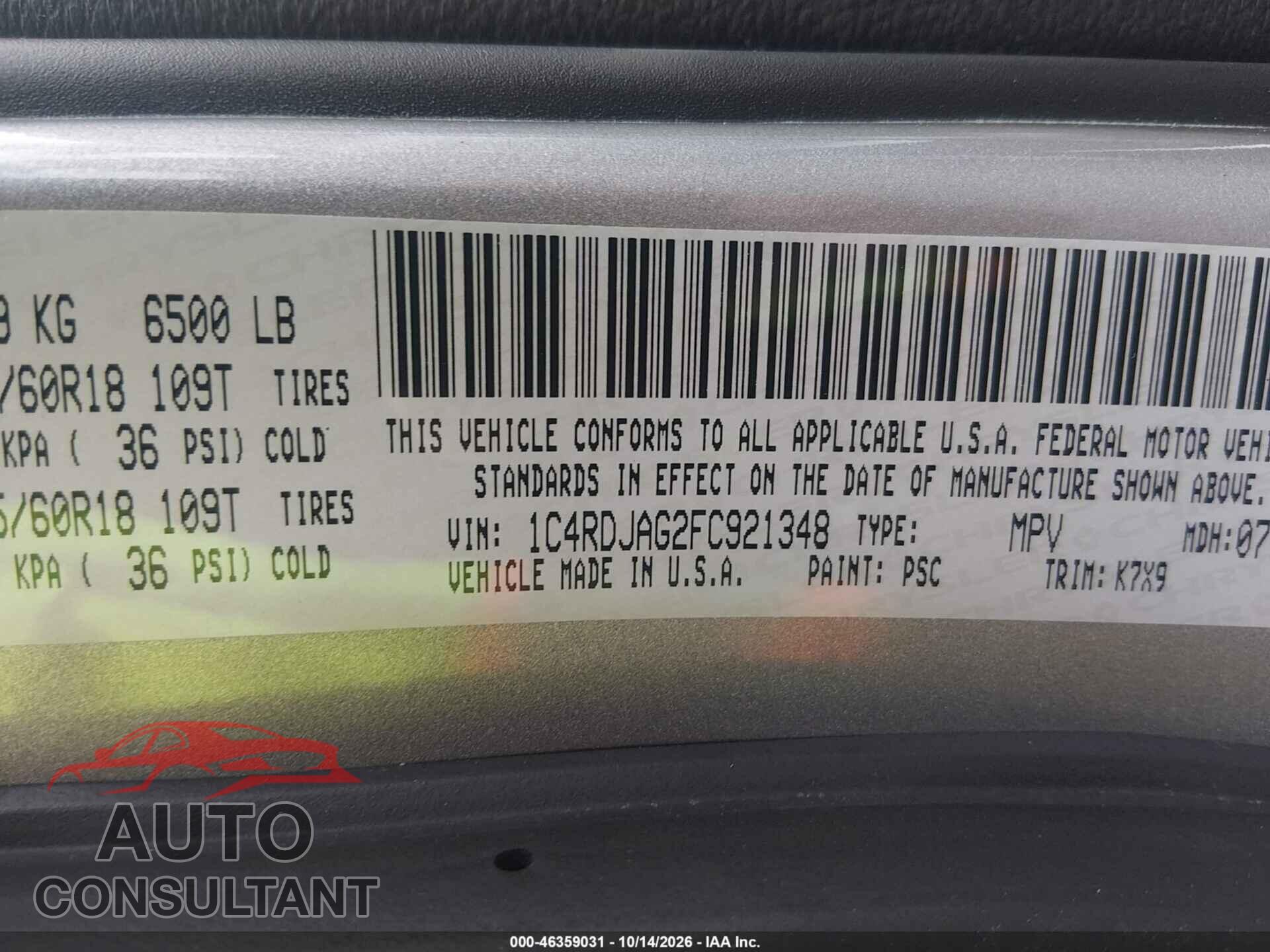 DODGE DURANGO 2015 - 1C4RDJAG2FC921348