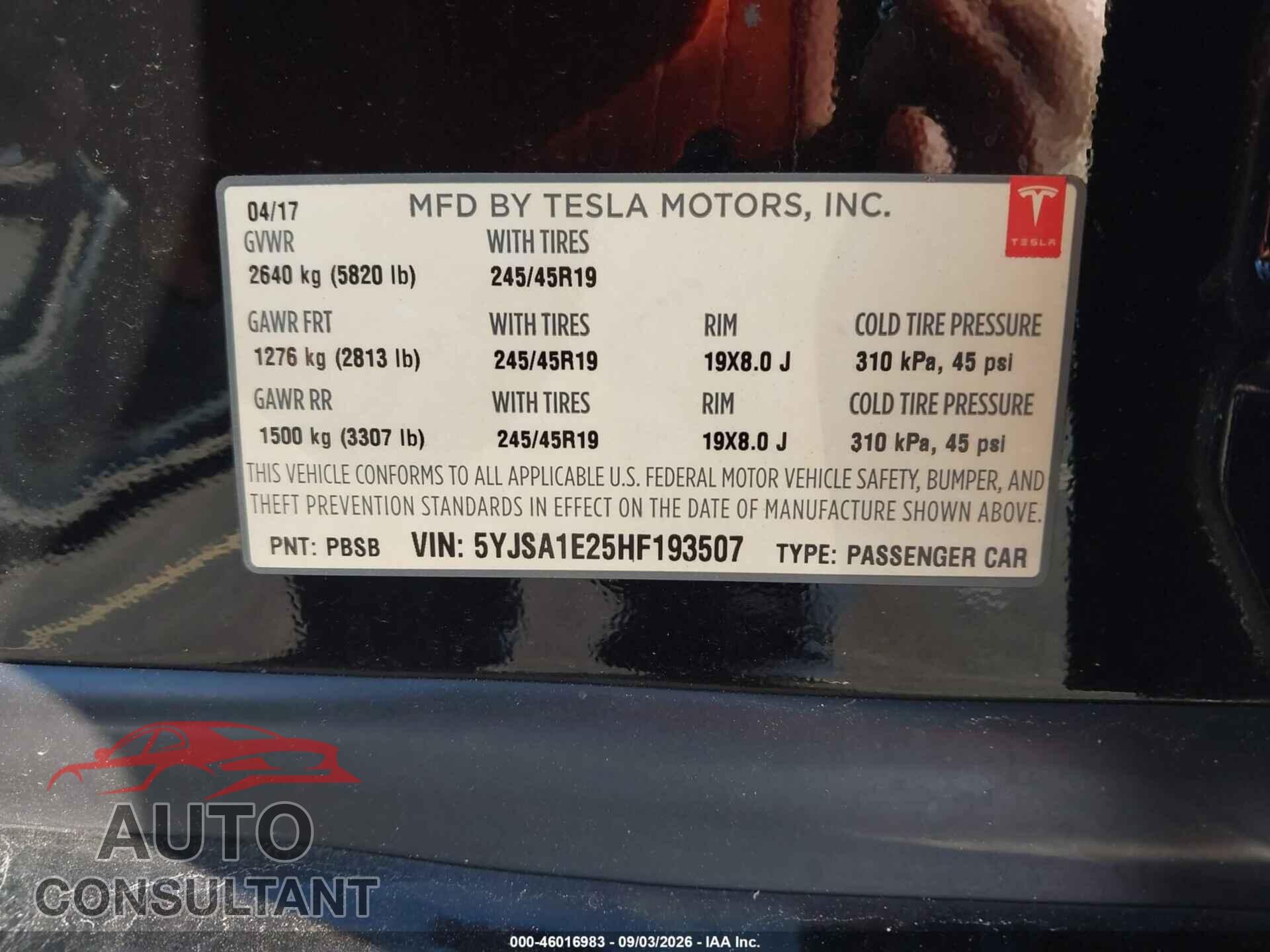 TESLA MODEL S 2017 - 5YJSA1E25HF193507