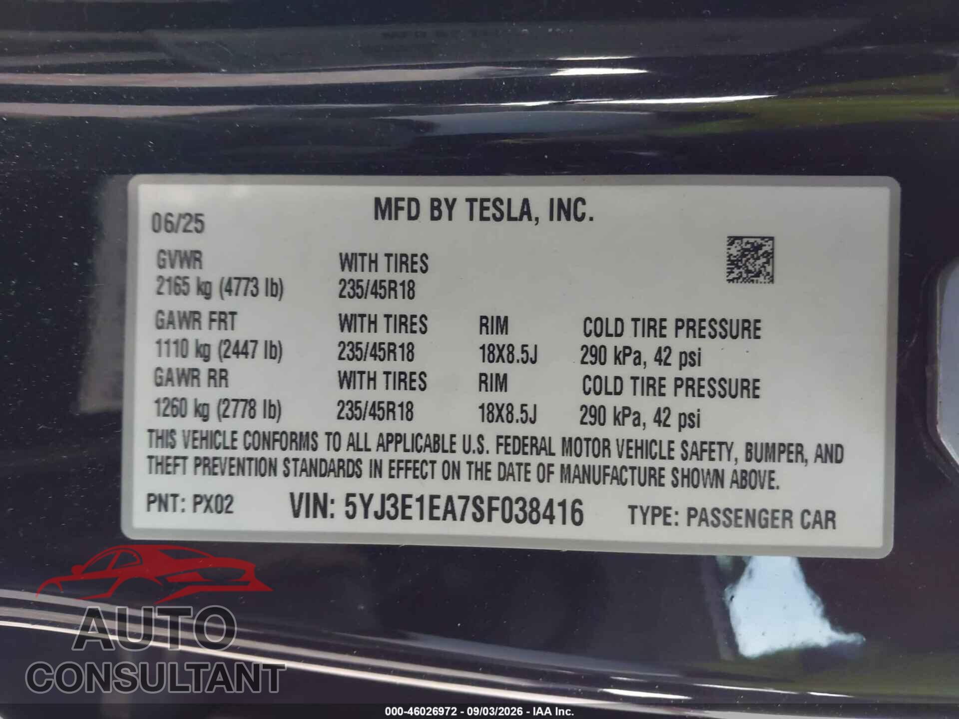 TESLA MODEL 3 2025 - 5YJ3E1EA7SF038416