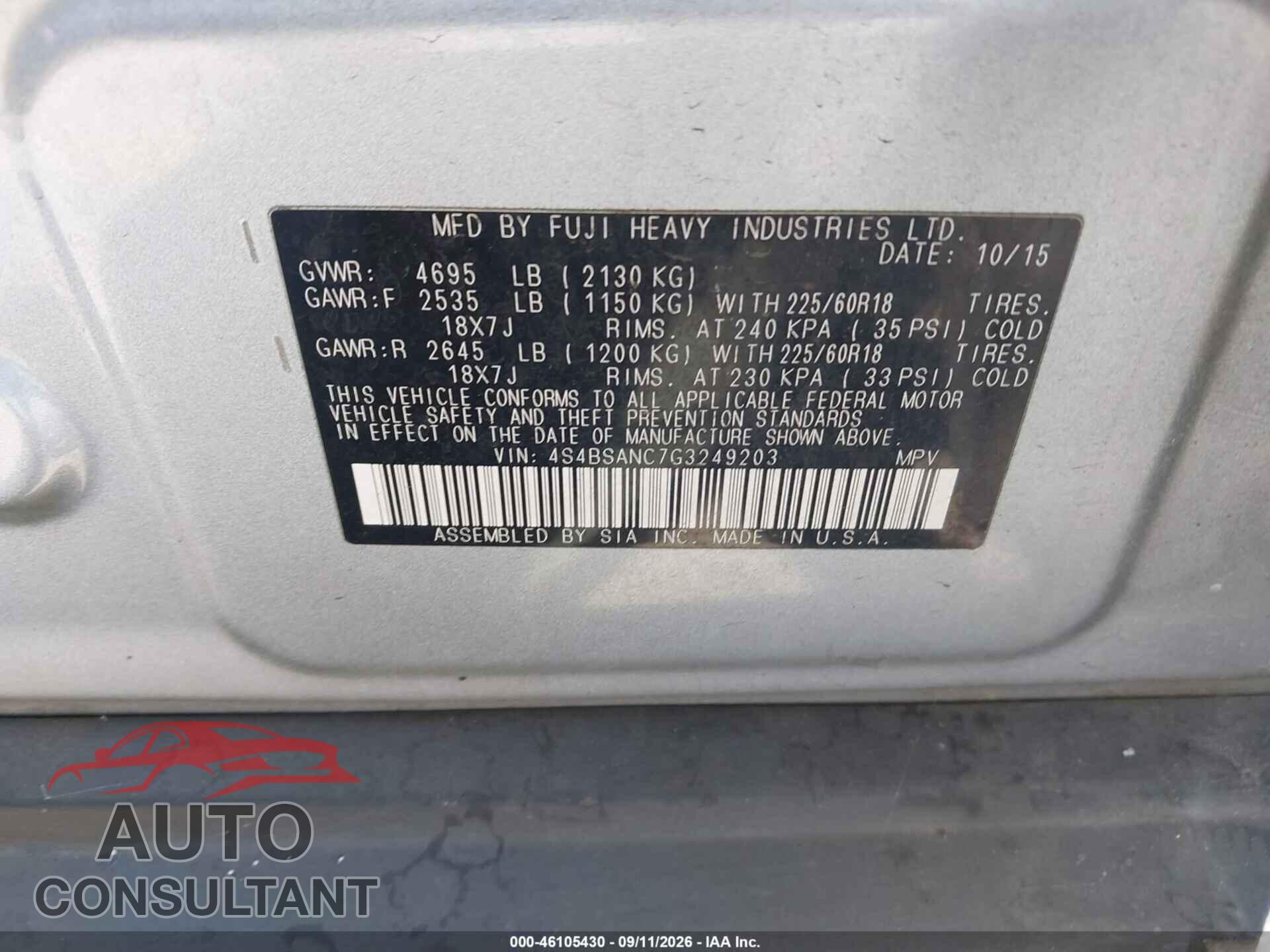 SUBARU OUTBACK 2016 - 4S4BSANC7G3249203