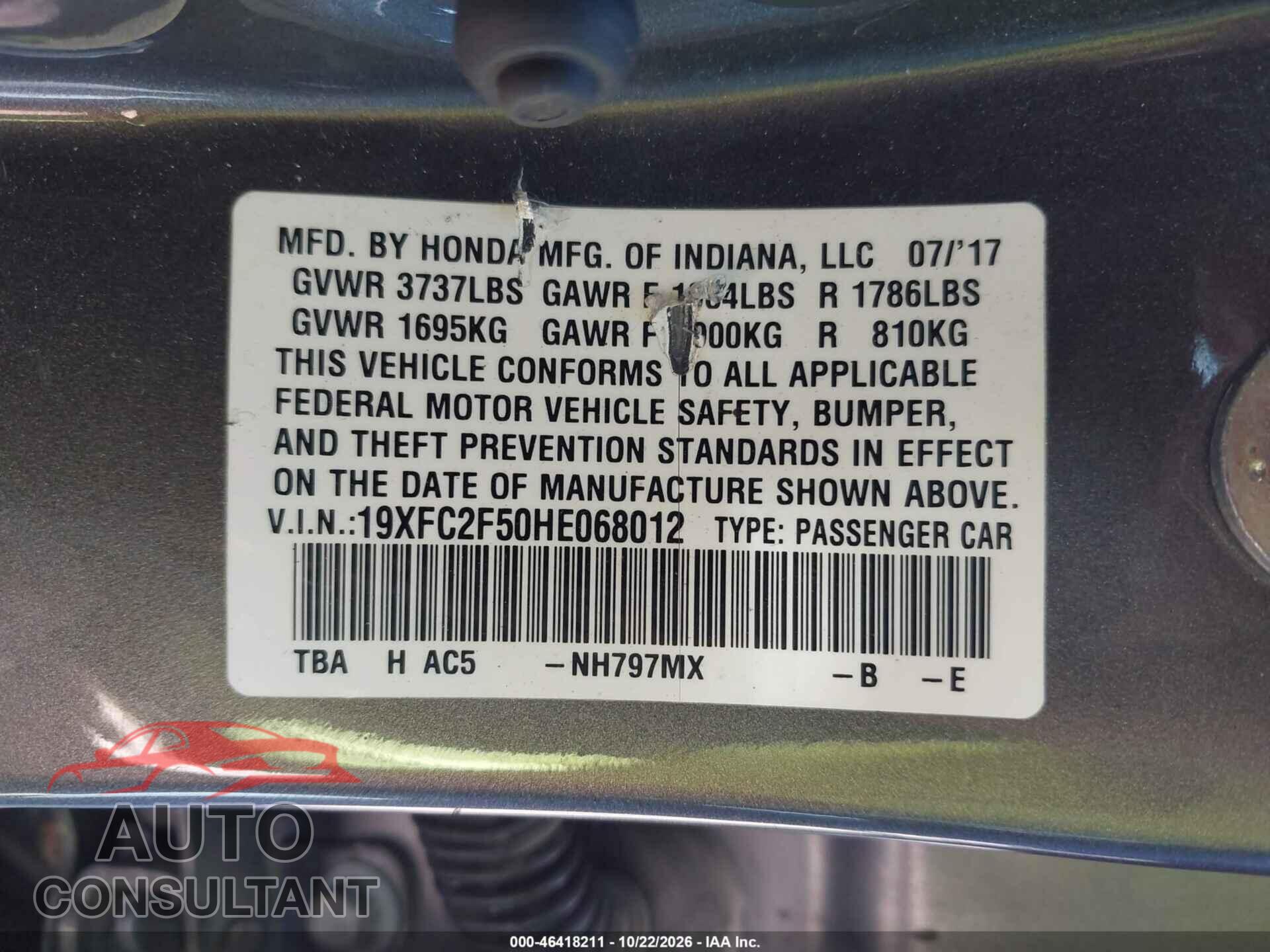 HONDA CIVIC 2017 - 19XFC2F50HE068012