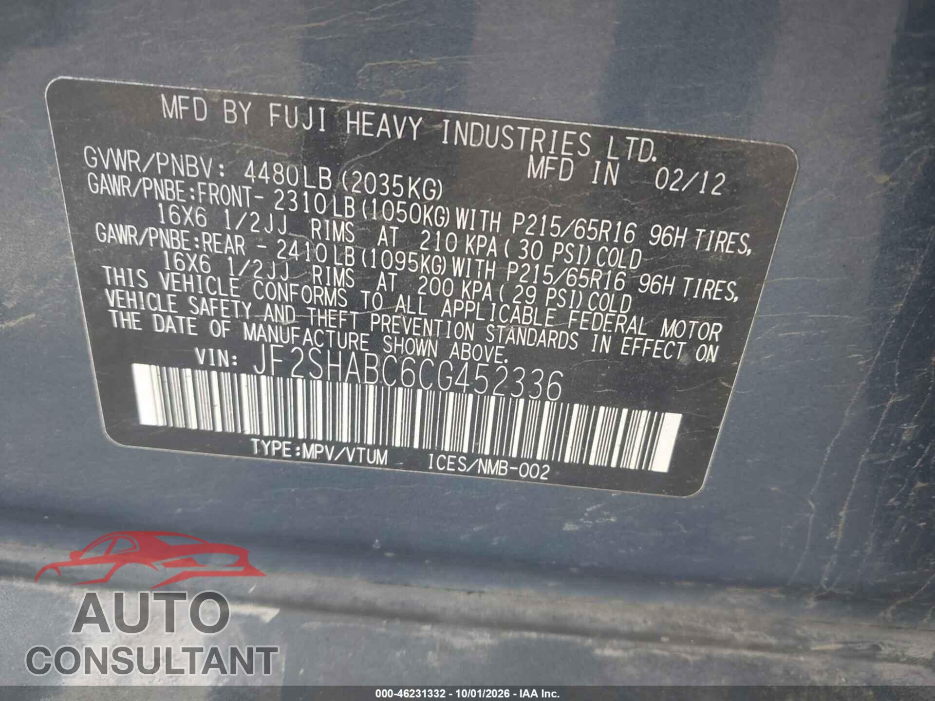 SUBARU FORESTER 2012 - JF2SHABC6CG452336