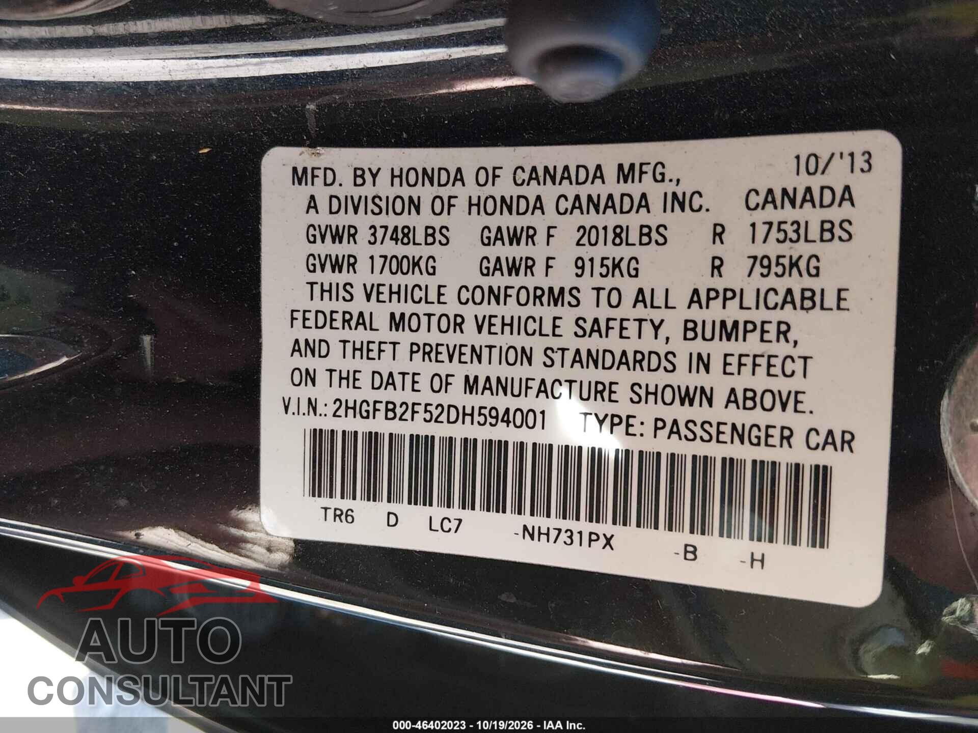 HONDA CIVIC 2013 - 2HGFB2F52DH594001