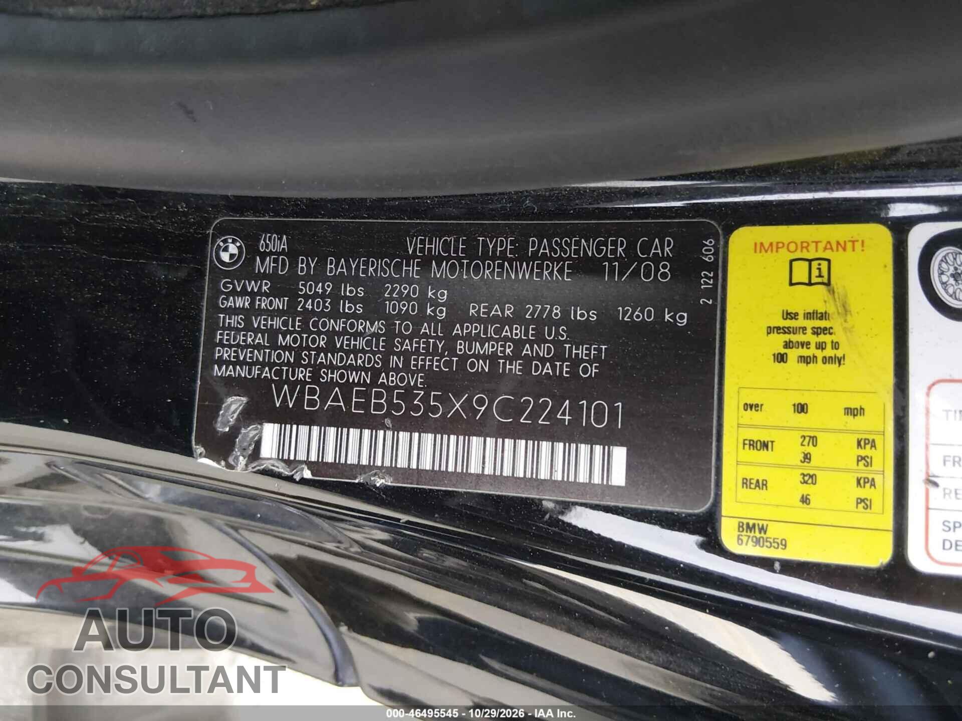 BMW 650I 2009 - WBAEB535X9C224101