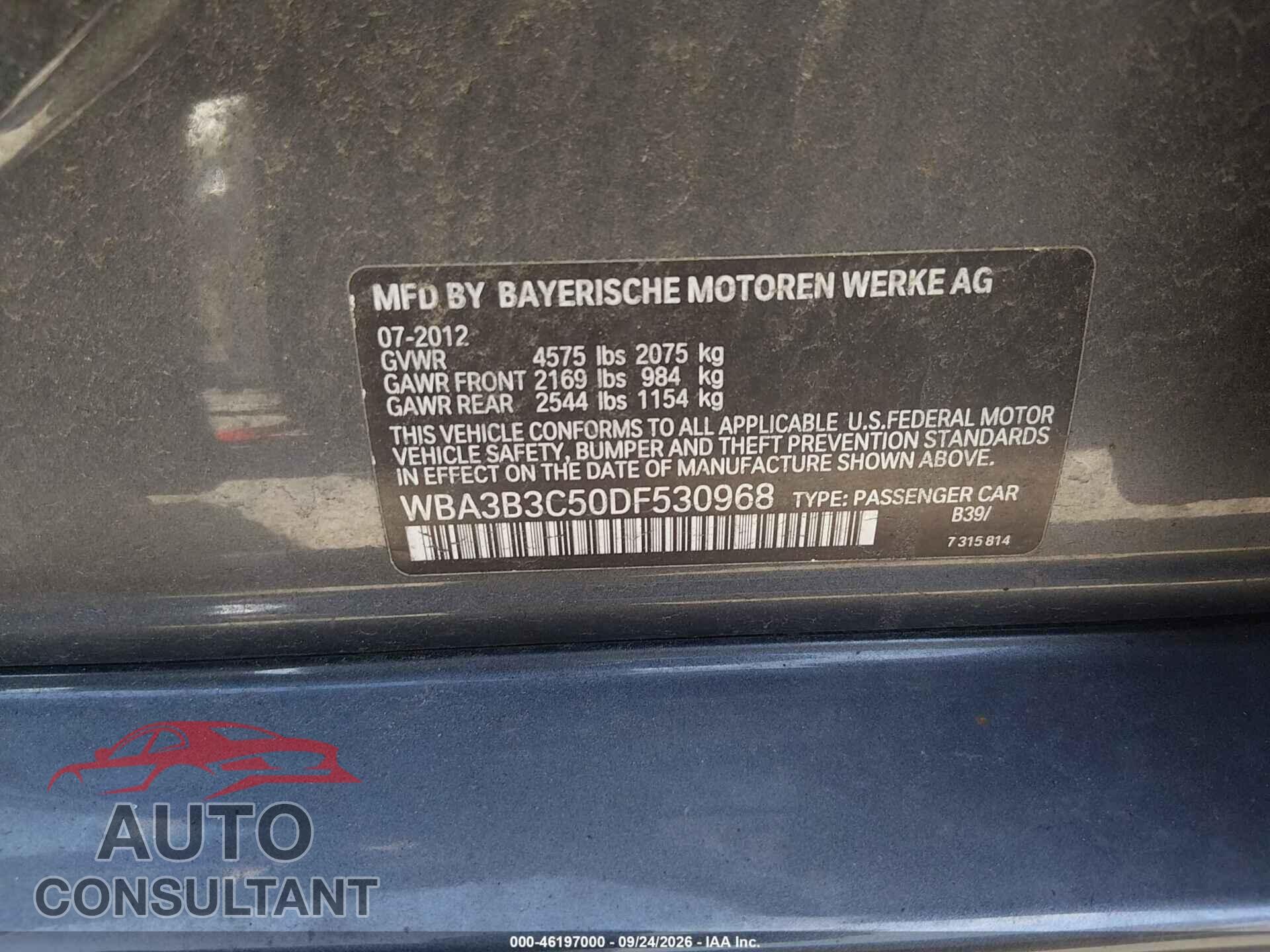BMW 3 SERIES 2013 - WBA3B3C50DF530968