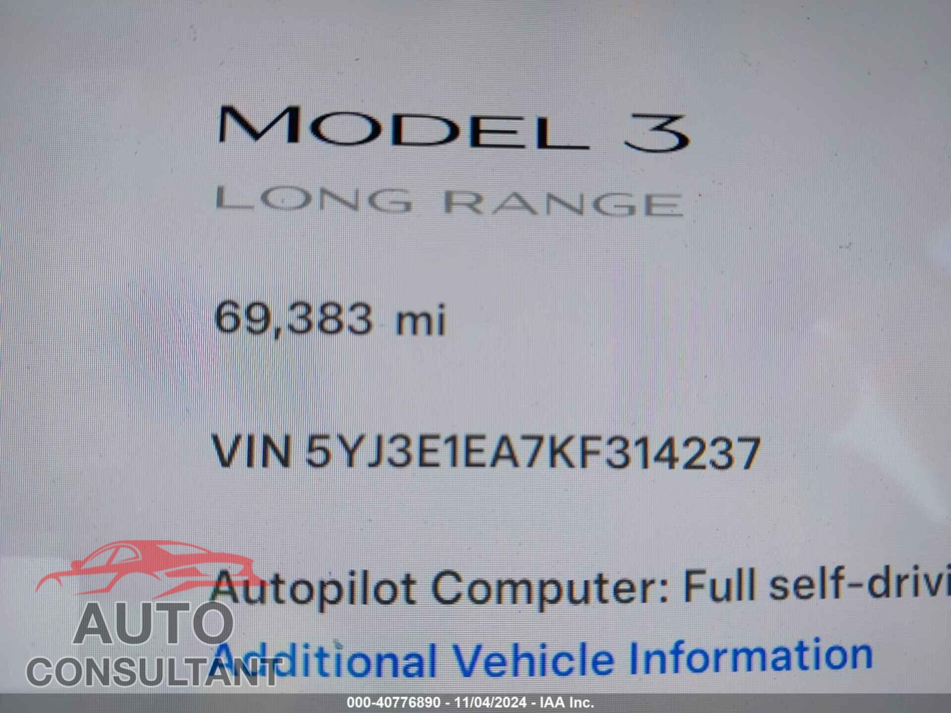 TESLA MODEL 3 2019 - 5YJ3E1EA7KF314237