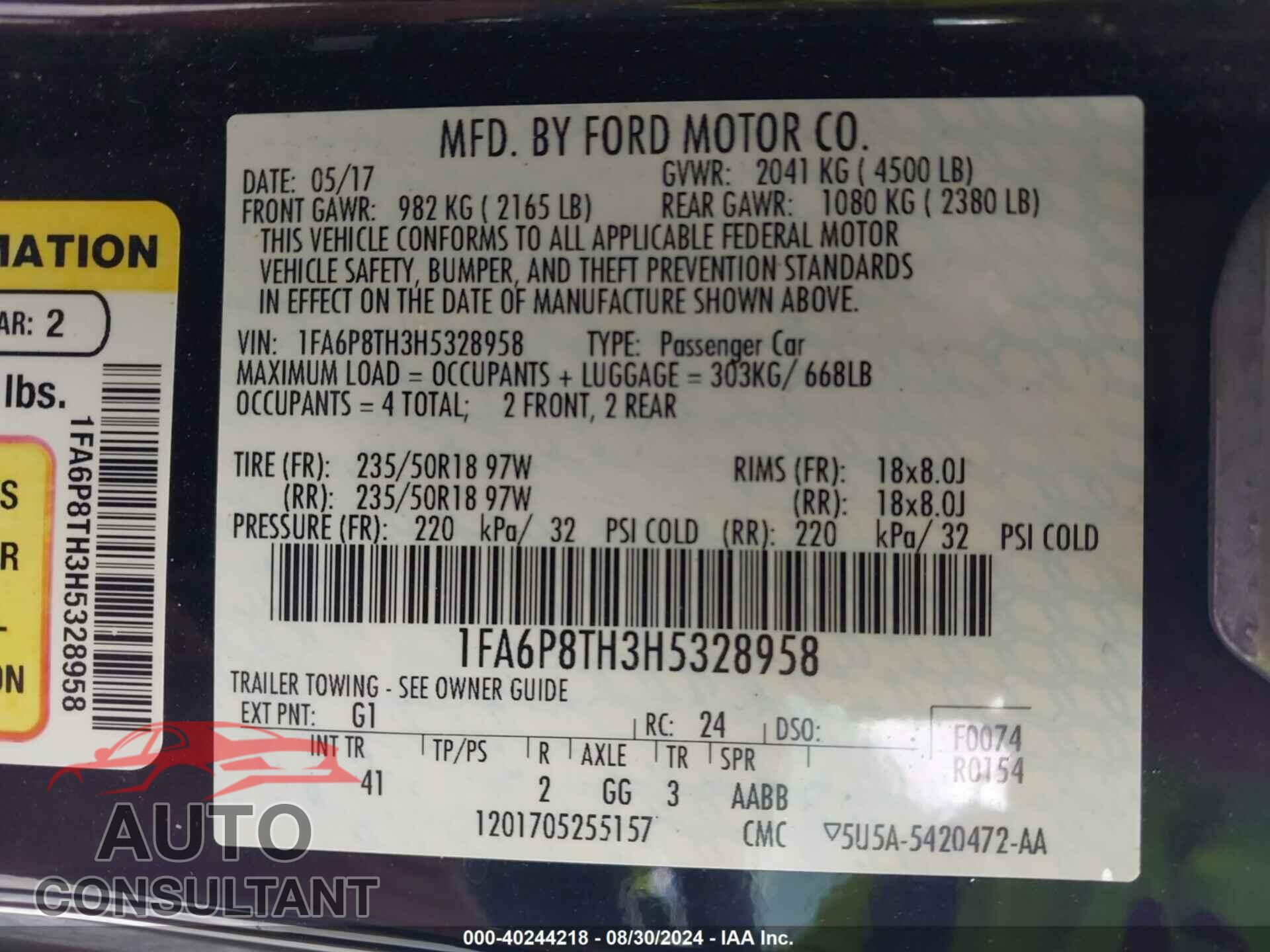 FORD MUSTANG 2017 - 1FA6P8TH3H5328958