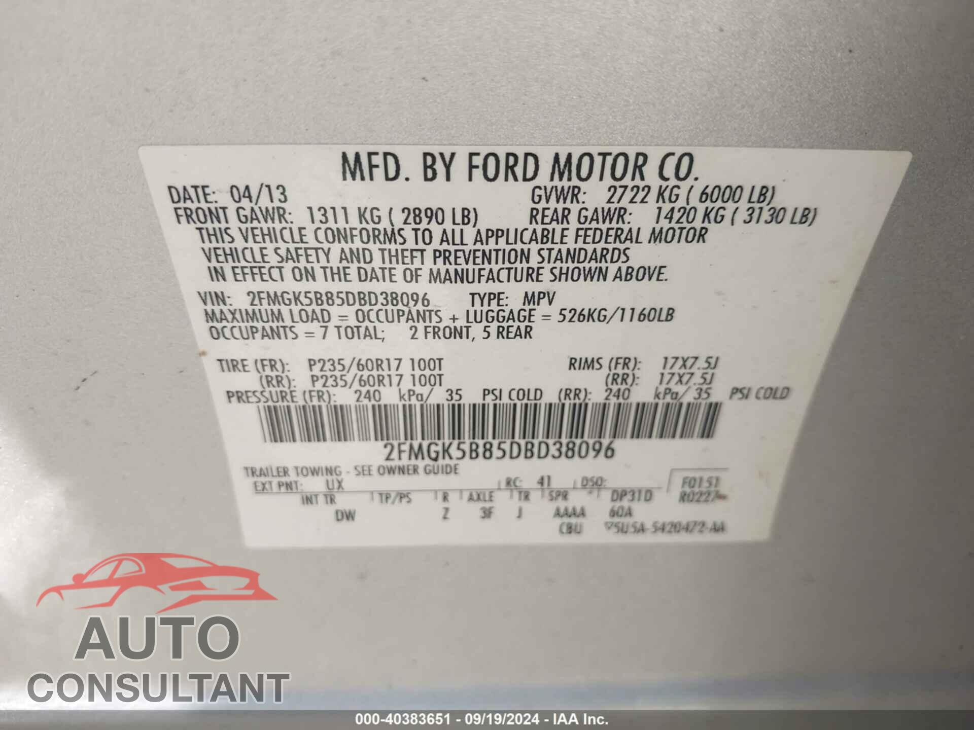 FORD FLEX 2013 - 2FMGK5B85DBD38096