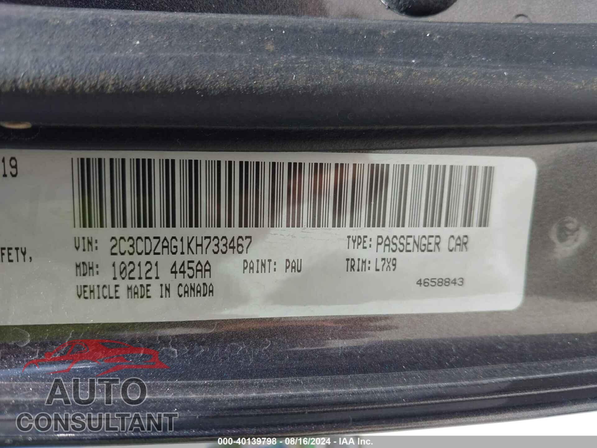DODGE CHALLENGER 2019 - 2C3CDZAG1KH733467