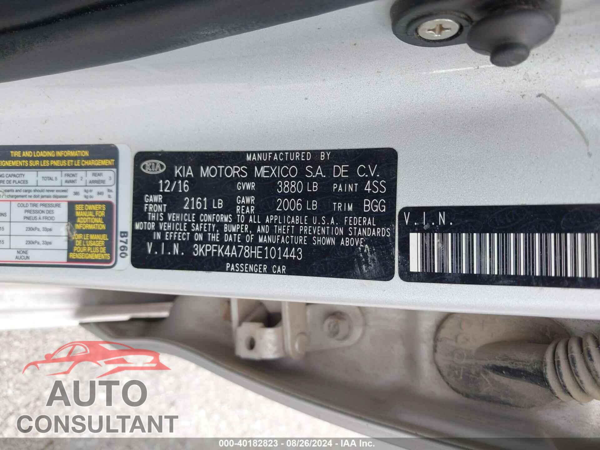 KIA FORTE 2017 - 3KPFK4A78HE101443