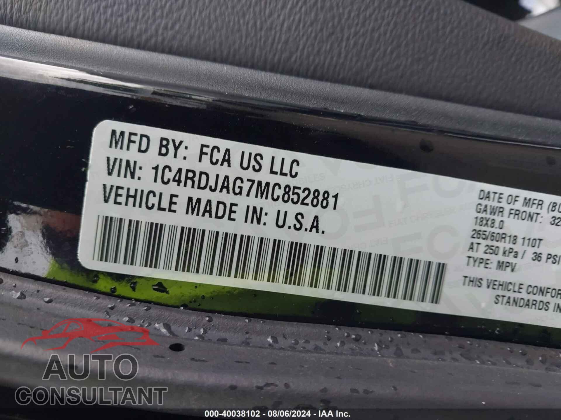 DODGE DURANGO 2021 - 1C4RDJAG7MC852881