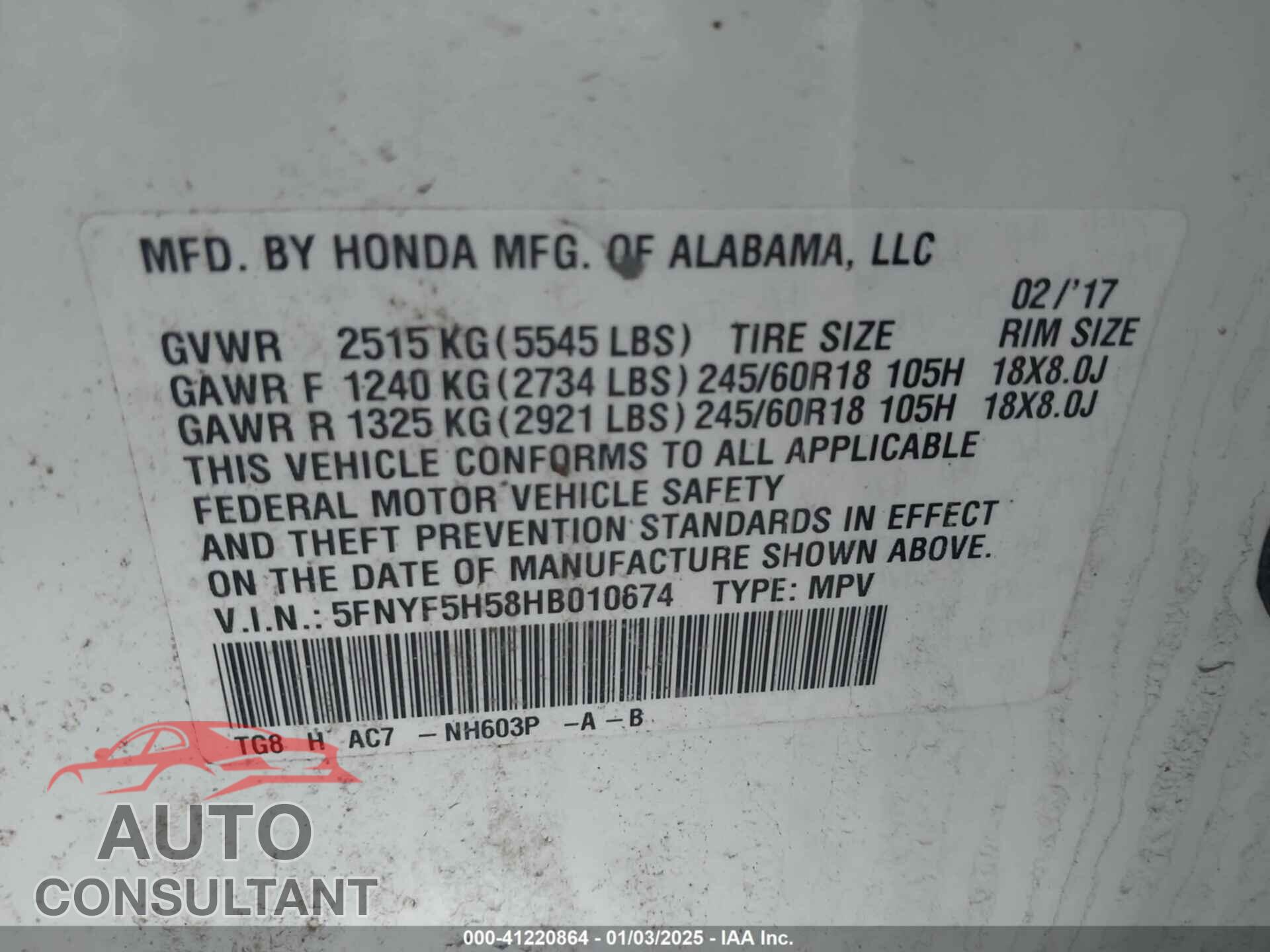 HONDA PILOT 2017 - 5FNYF5H58HB010674