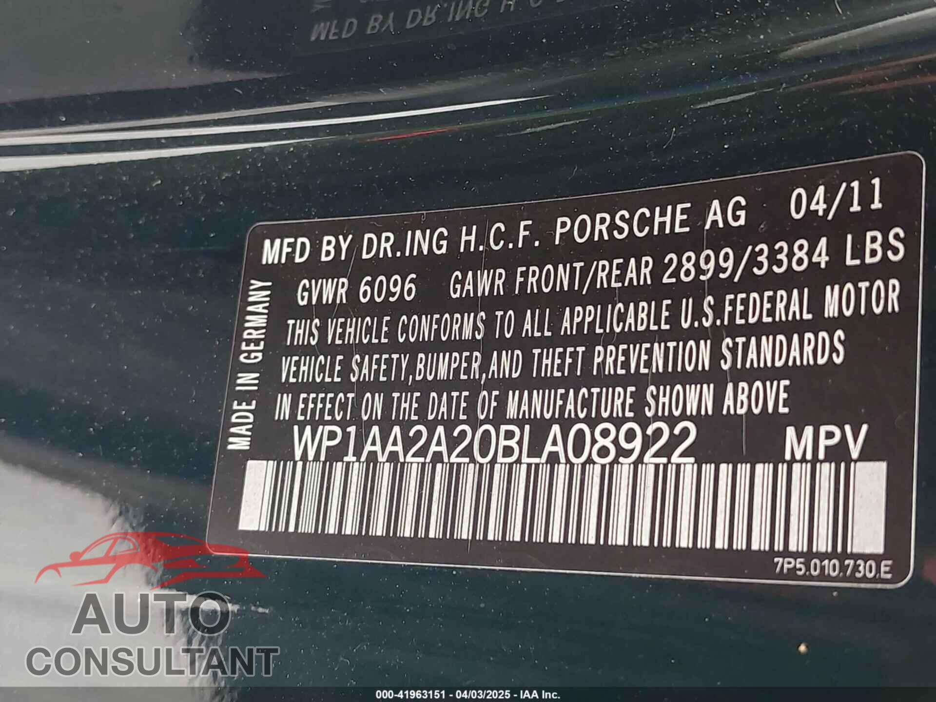 PORSCHE CAYENNE 2011 - WP1AA2A20BLA08922