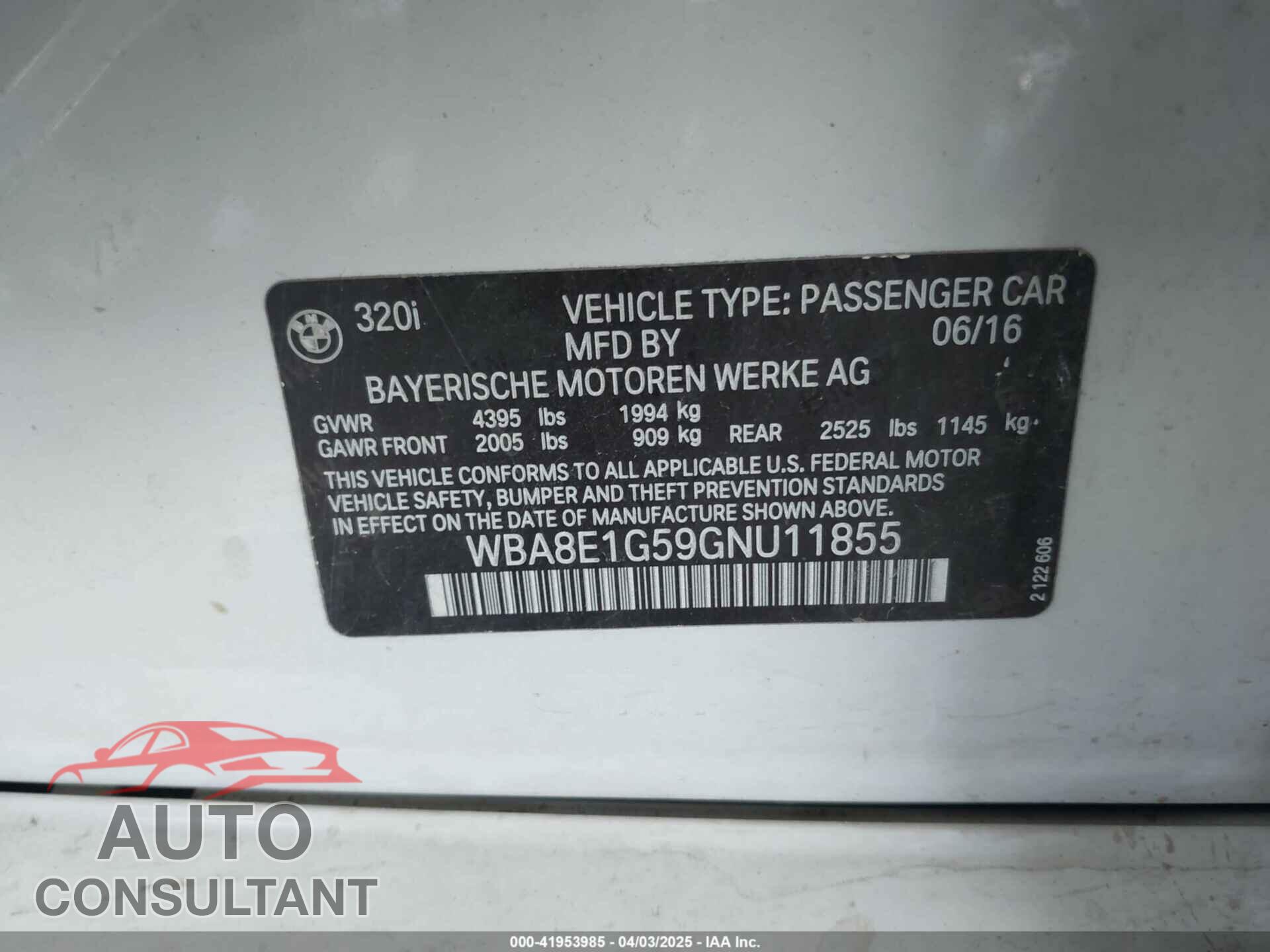 BMW 320I 2016 - WBA8E1G59GNU11855