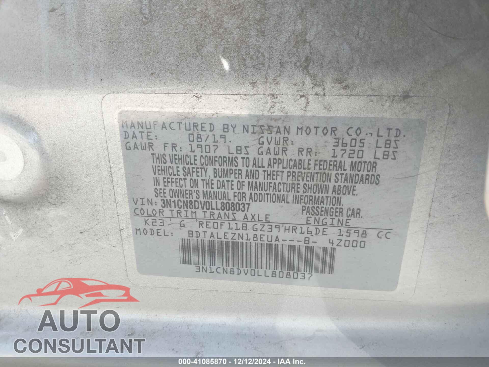 NISSAN VERSA 2020 - 3N1CN8DV0LL808037