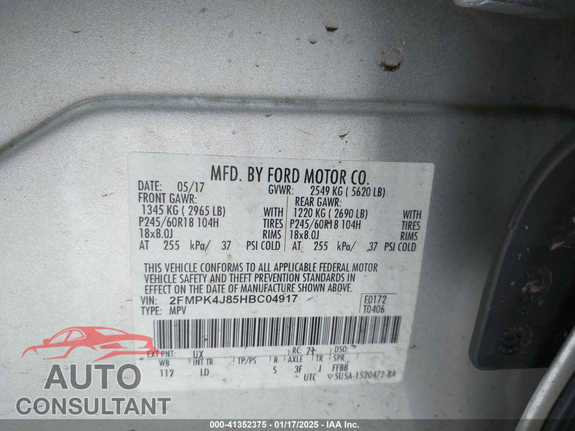 FORD EDGE 2017 - 2FMPK4J85HBC04917