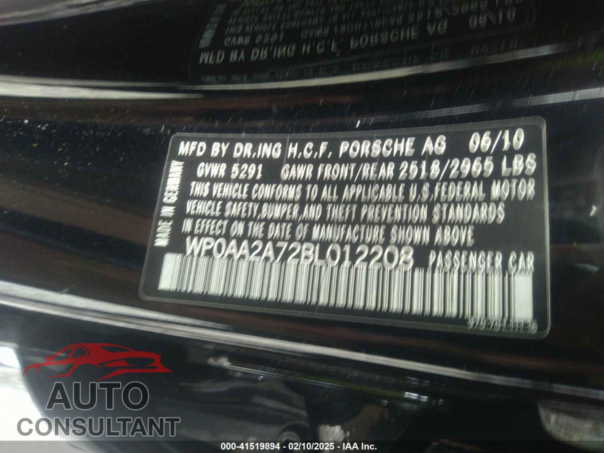 PORSCHE PANAMERA 2011 - WP0AA2A72BL012208