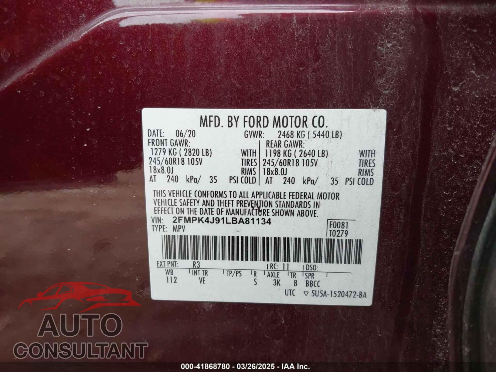 FORD EDGE 2020 - 2FMPK4J91LBA81134