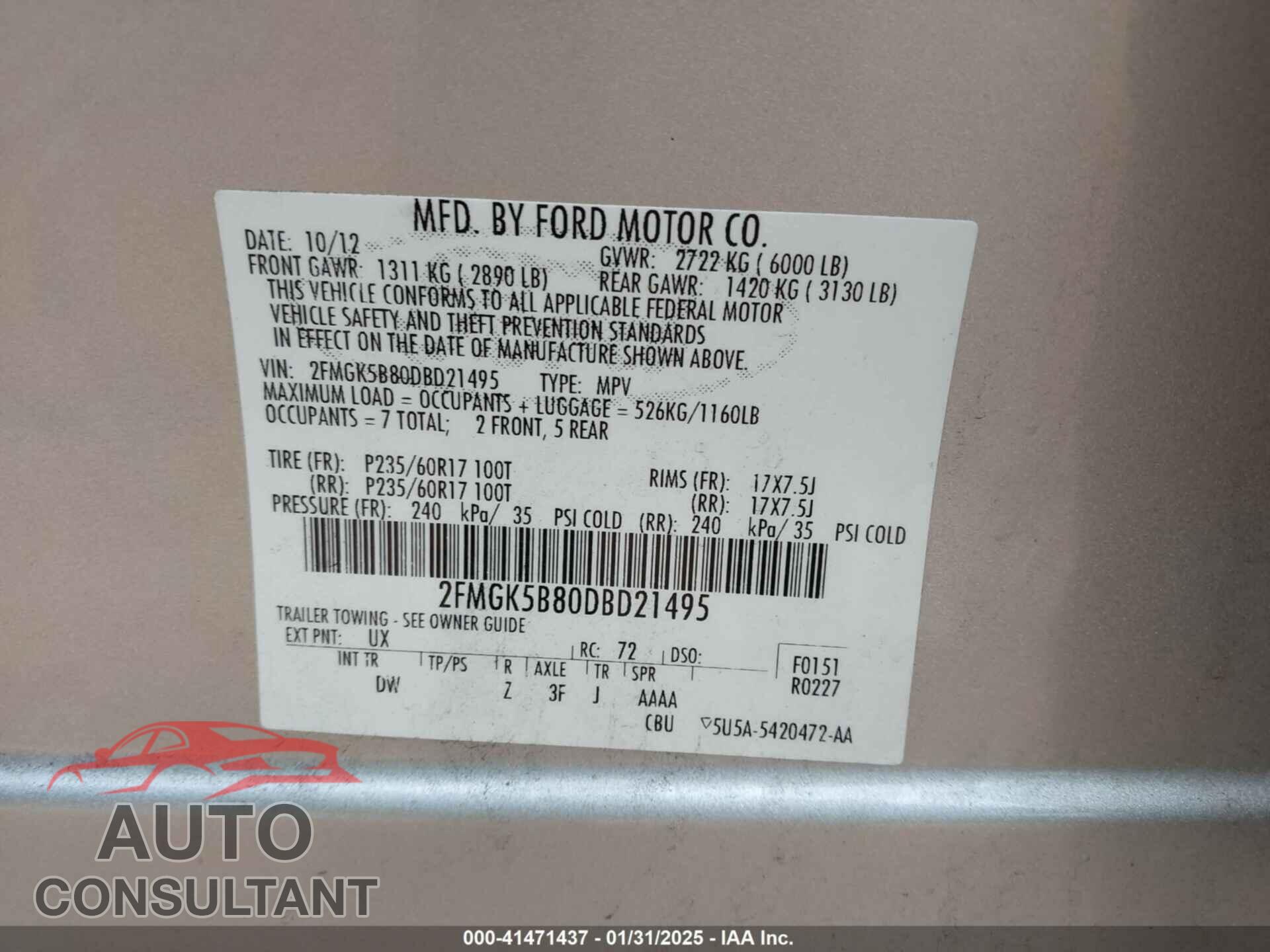 FORD FLEX 2013 - 2FMGK5B80DBD21495